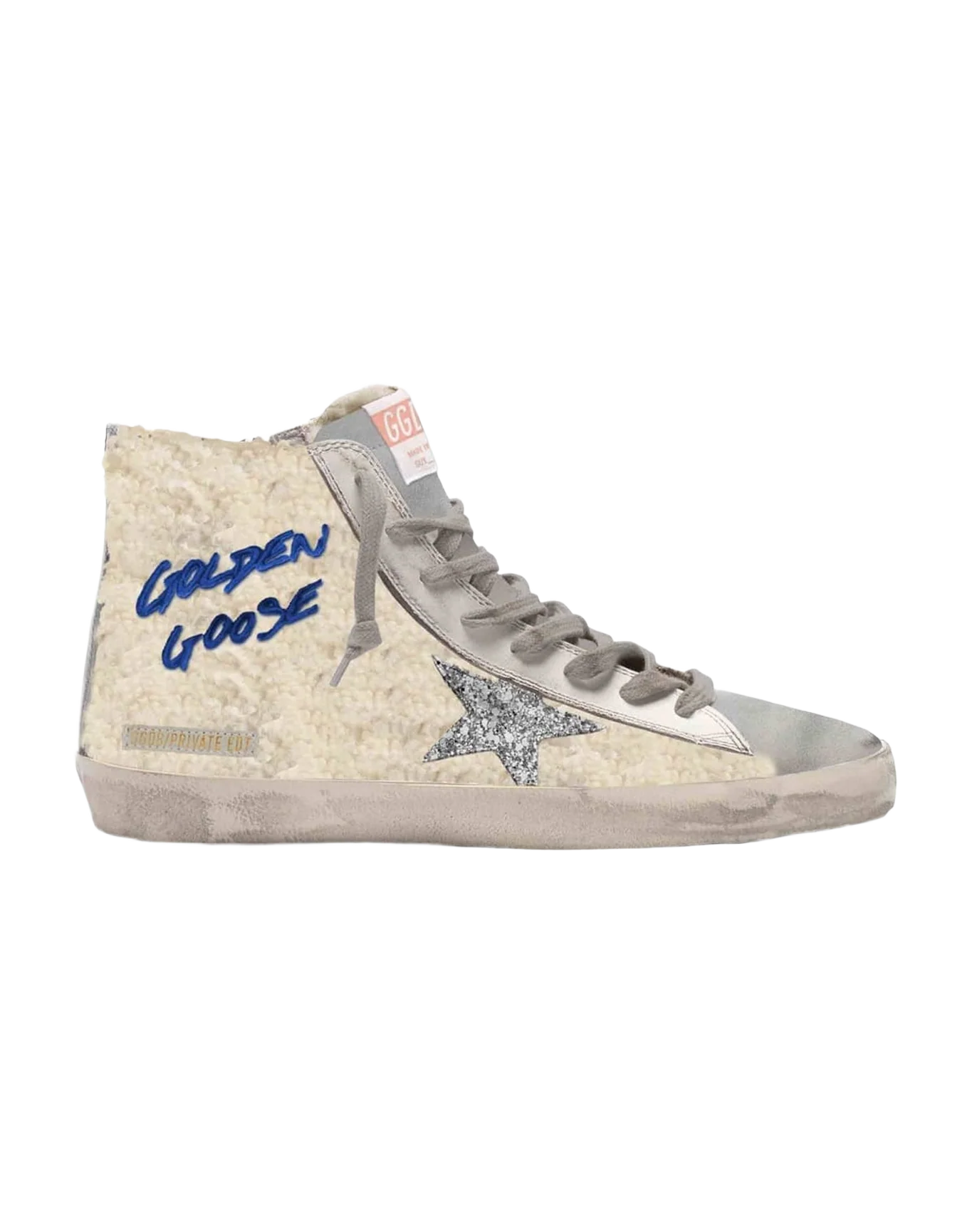Women | Francy Sneakers Shearling with Silver Glitter Star | Beige x Ice x Silver x White