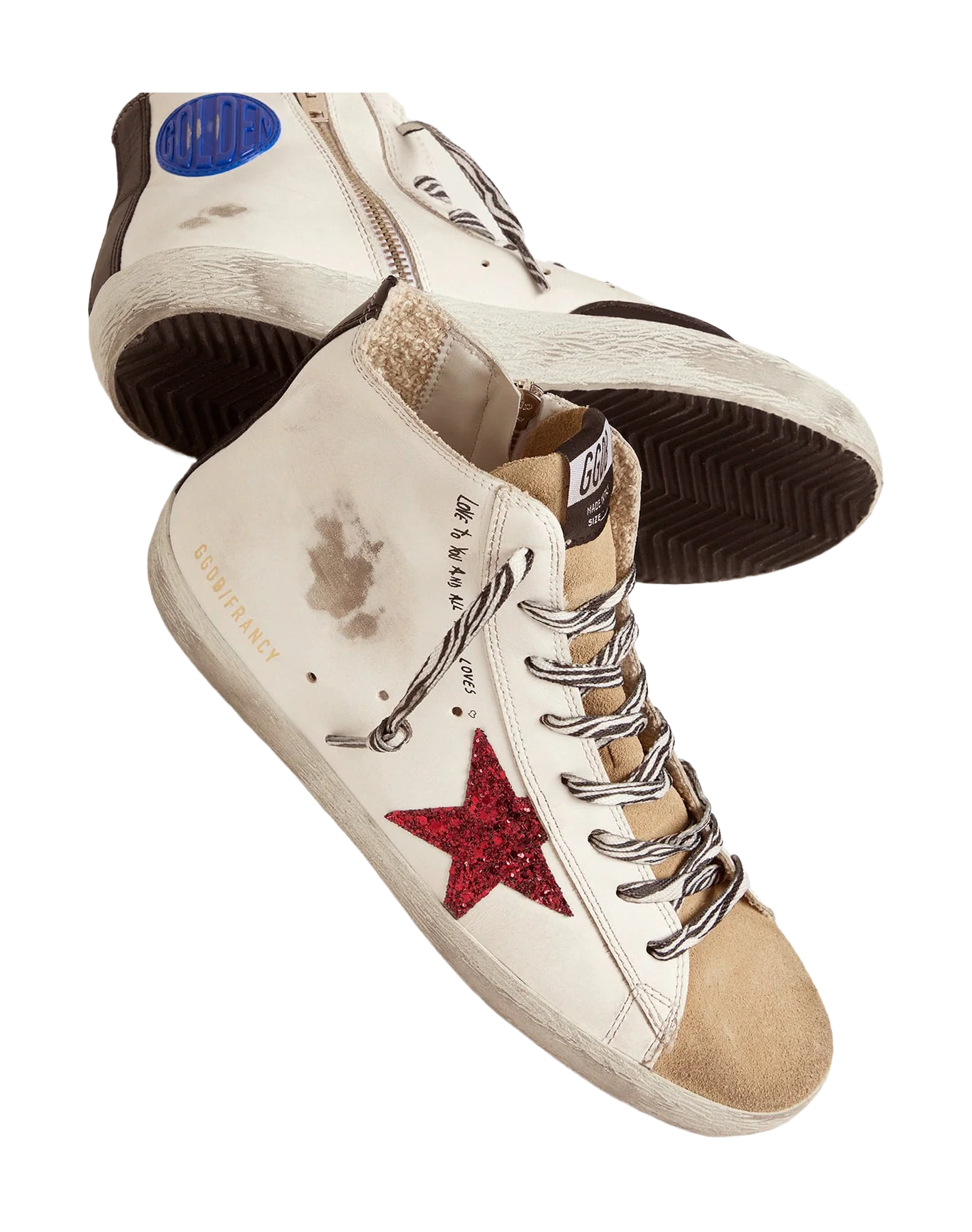 Women | Francy Sneakers with Red Glittery Star & Handwritten Lettering | White x Cappuccino x Red x Black - Image 2