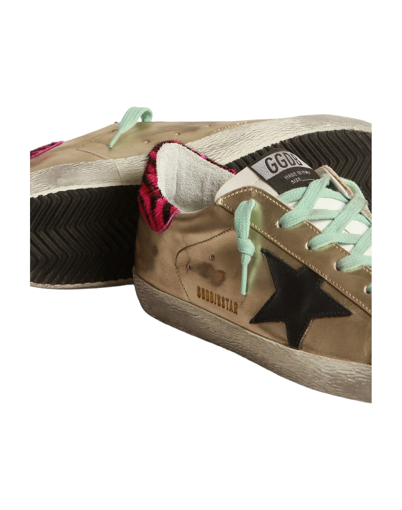 Women | Gold Super-Star Sneakers with Zebra-Print Heel Tab | Platinum x White x Black x Fuxia Black Zebra - Image 5