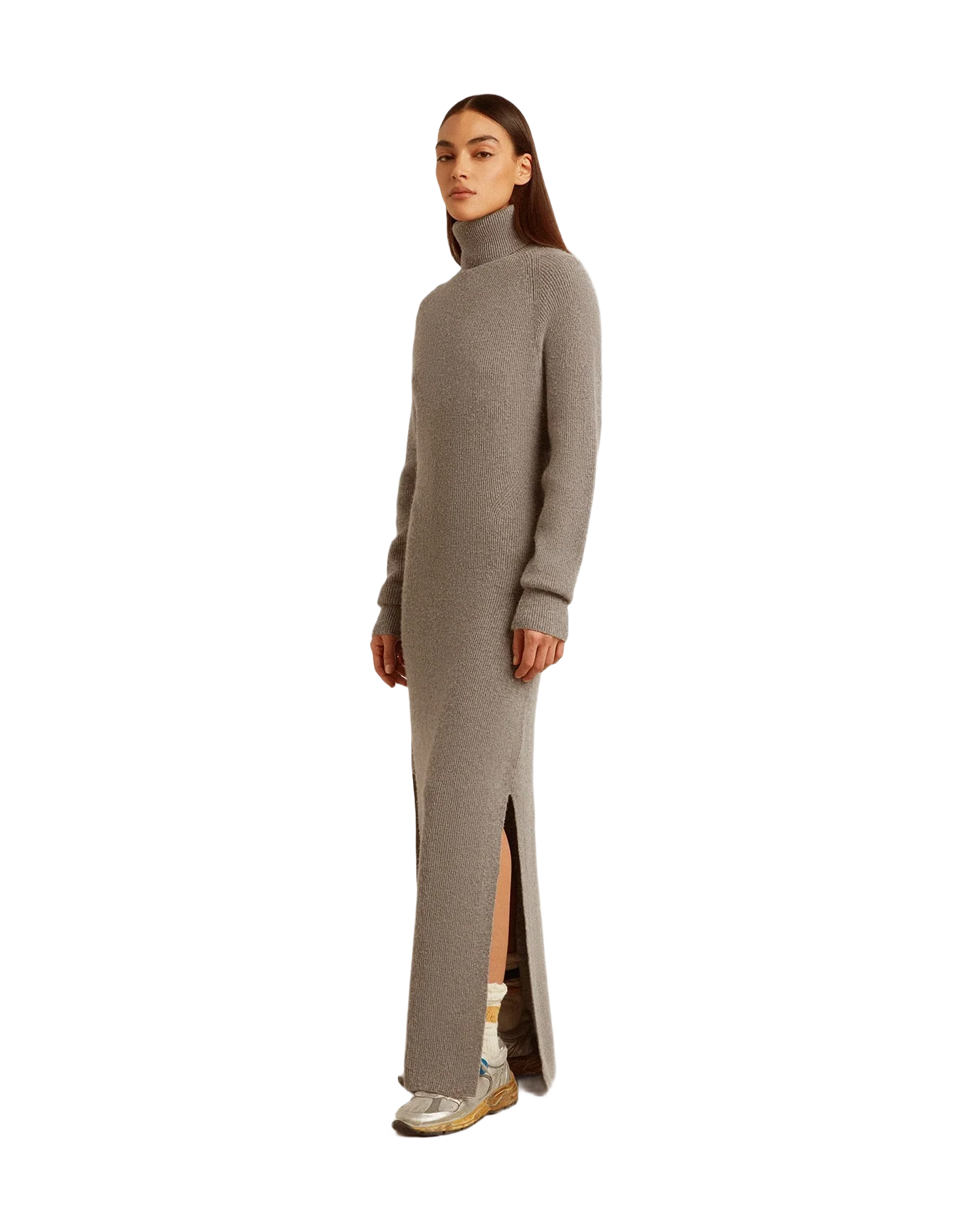 Women | Gray Melange Ribbed Woolen Dress with High Neck | Grey Melange - Image 4