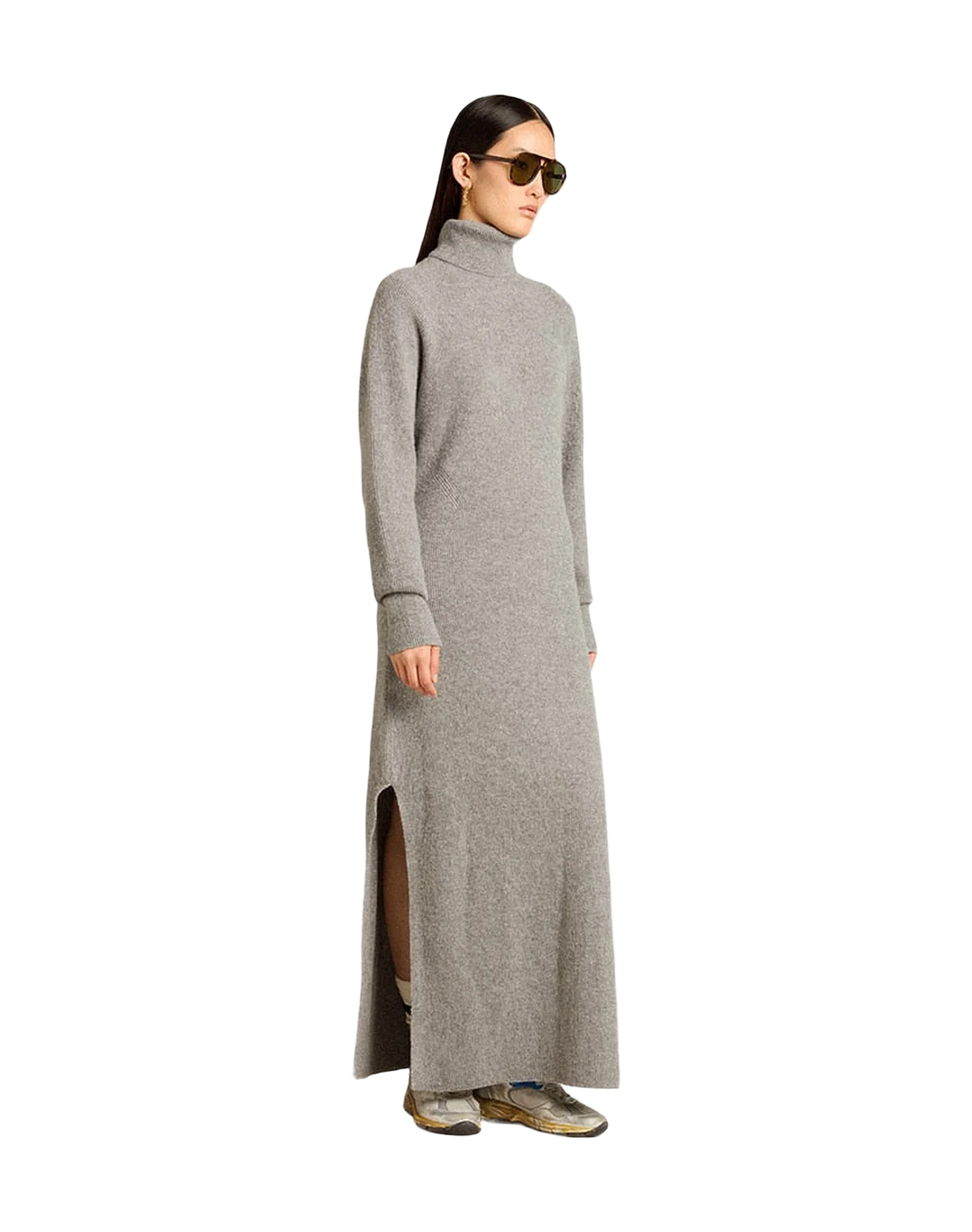 Women | Gray Melange Ribbed Woolen Dress with High Neck | Grey Melange - Image 7