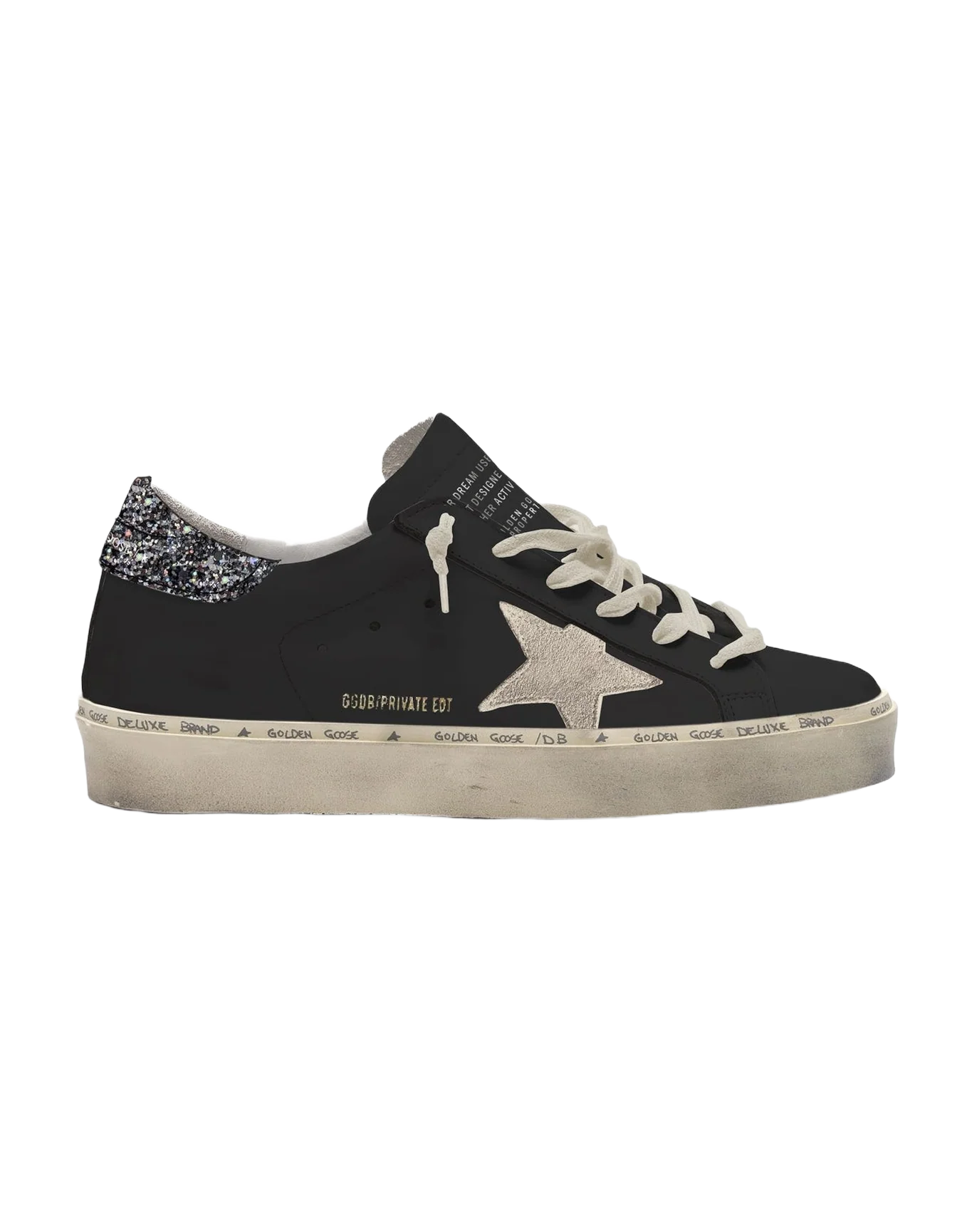 Women | Hi Star Black Leather with Beige Star & Glitter Heel Tab | Black x Multicolor