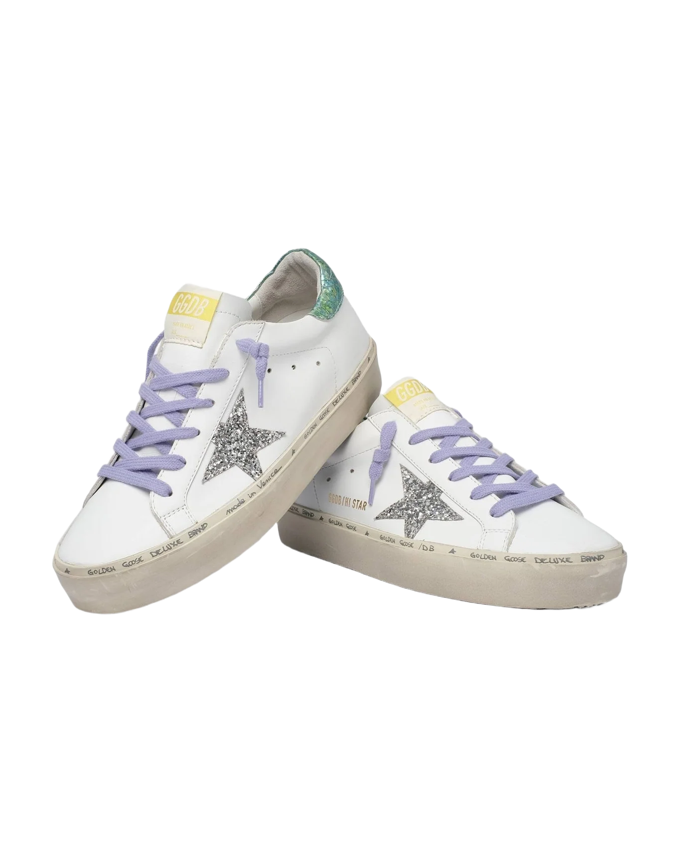 Women | Hi Star Ltd Sneakers with Glitter Star & Printed Heel Tab | White x Silver x Aquamarine
