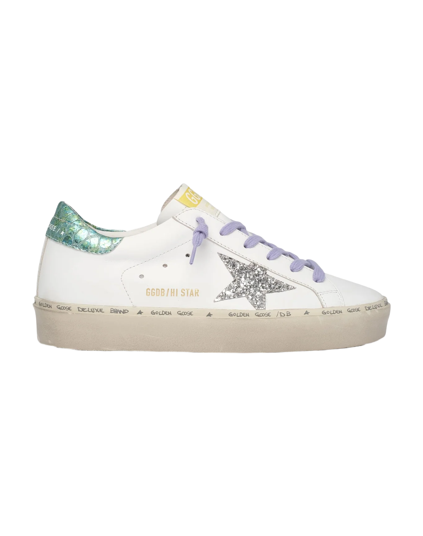 Women | Hi Star Ltd Sneakers with Glitter Star & Printed Heel Tab | White x Silver x Aquamarine - Image 4