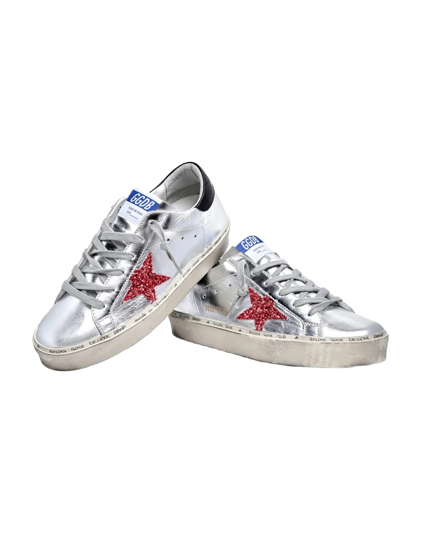 Women | Hi Star Sneakers Silver Laminated Leather with Red Glitter Star & Black Heel Tab | Silver x Salmon Pink x Black