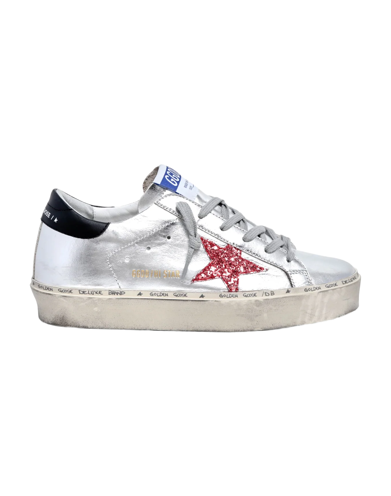 Women | Hi Star Sneakers Silver Laminated Leather with Red Glitter Star & Black Heel Tab | Silver x Salmon Pink x Black - Image 3