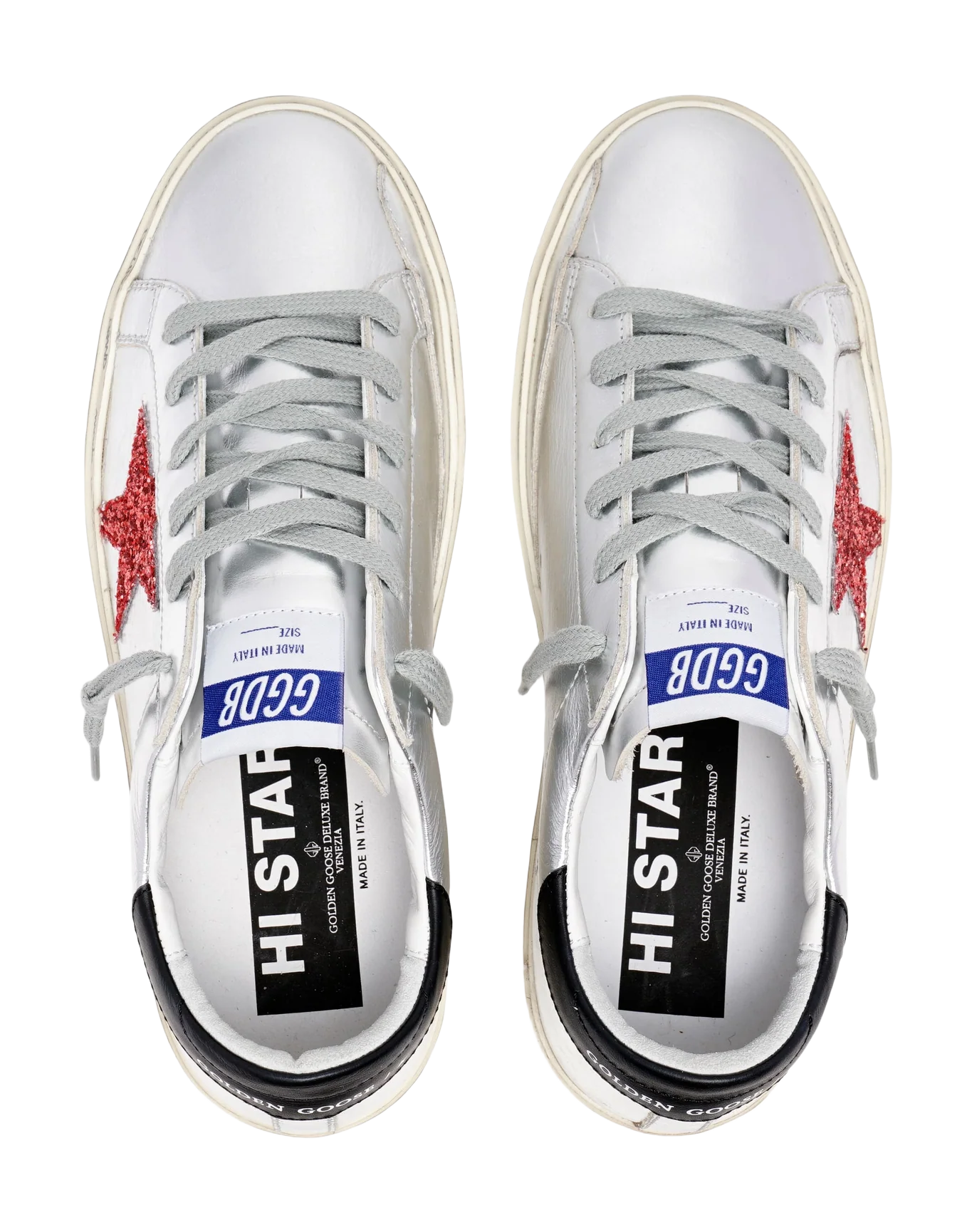 Women | Hi Star Sneakers Silver Laminated Leather with Red Glitter Star & Black Heel Tab | Silver x Salmon Pink x Black - Image 5