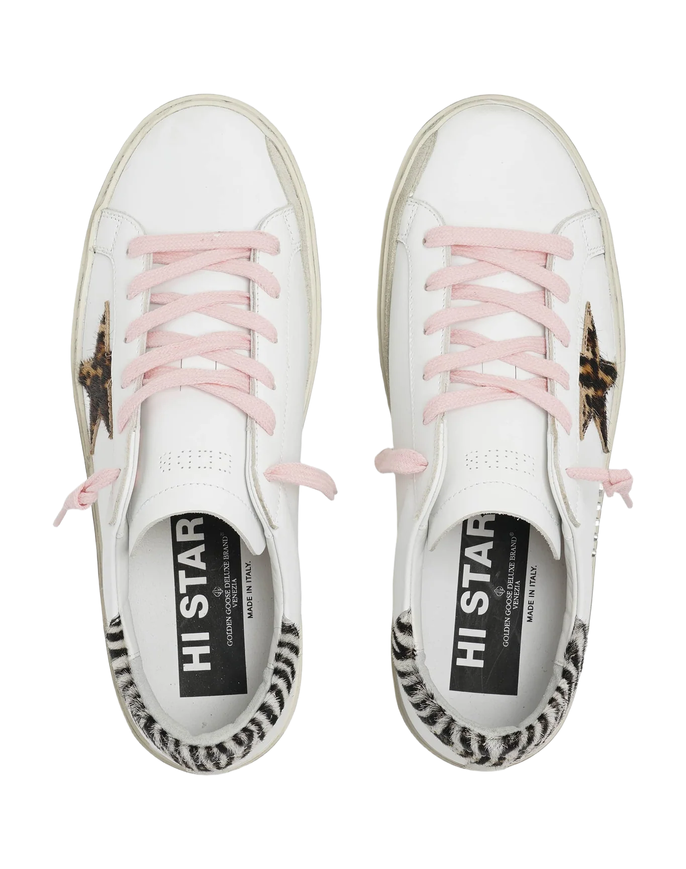 Women | Hi Star Sneakers White Leather with Leopard Pony Skin Star & Zebra Pony Skin Heel Tab | White x Beige Brown Leo x White Black - Image 3