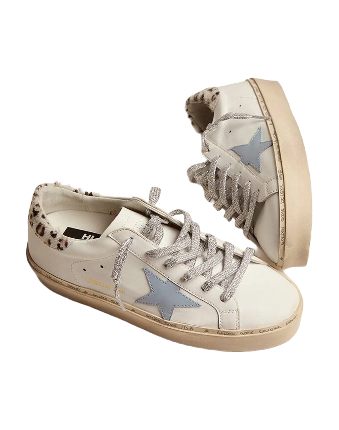 Women | Hi Star Sneakers White Leather with Light Blue Star & Leopard Pony Skin Heel Tab | White x Powder Blue x White Black Crem Leo