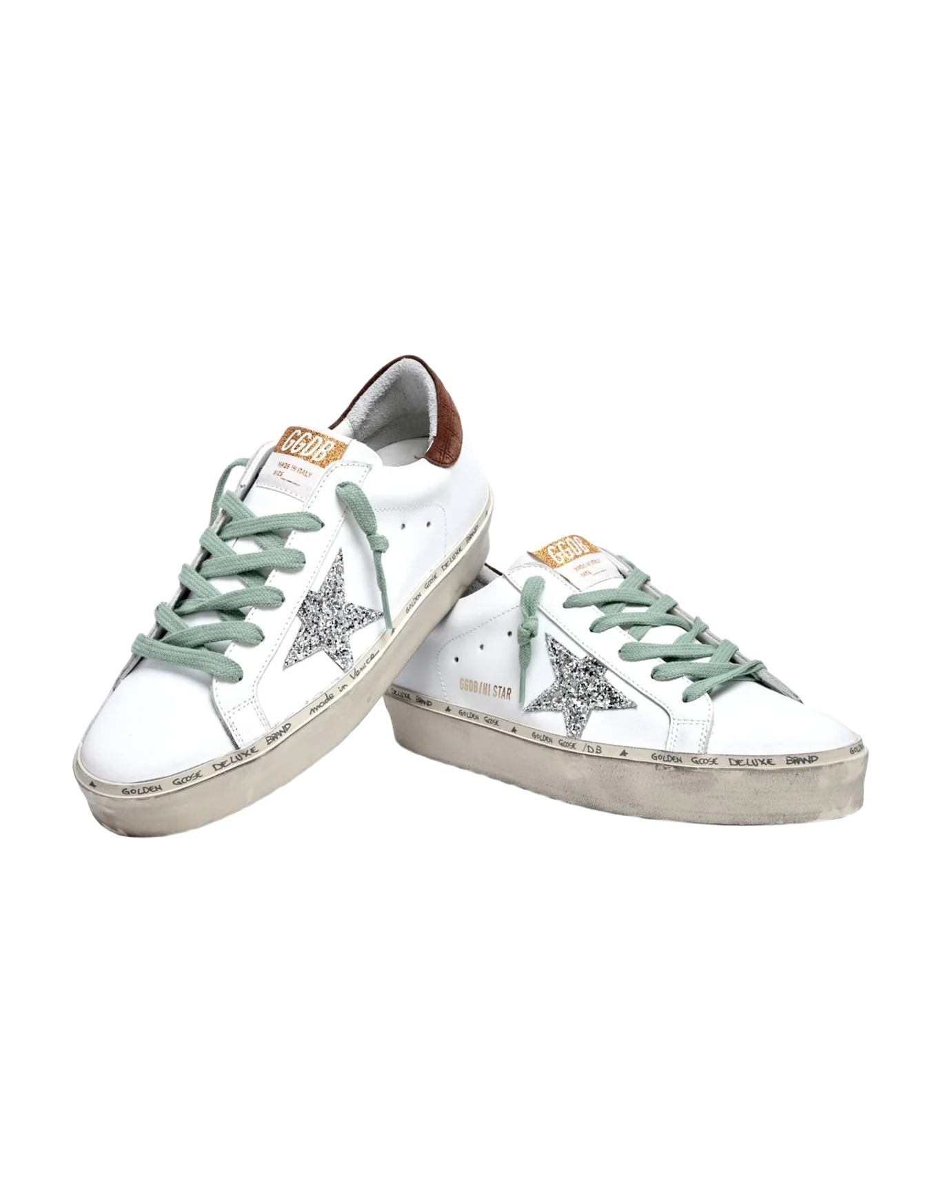 Women | Hi Star Sneakers White Leather with Silver Glitter Star & Brown Hammered Leather Heel Tab | White x Silver x Brown