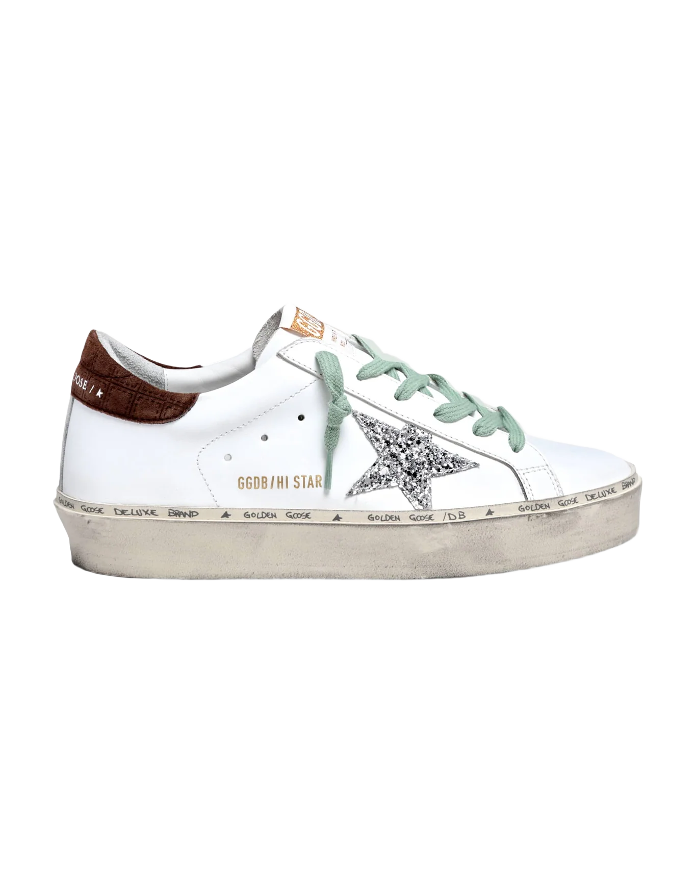 Women | Hi Star Sneakers White Leather with Silver Glitter Star & Brown Hammered Leather Heel Tab | White x Silver x Brown - Image 7