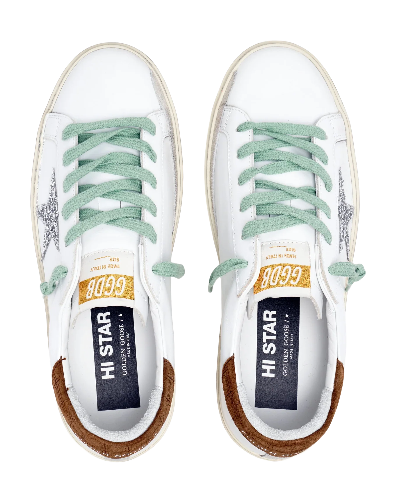Women | Hi Star Sneakers White Leather with Silver Glitter Star & Brown Hammered Leather Heel Tab | White x Silver x Brown - Image 8