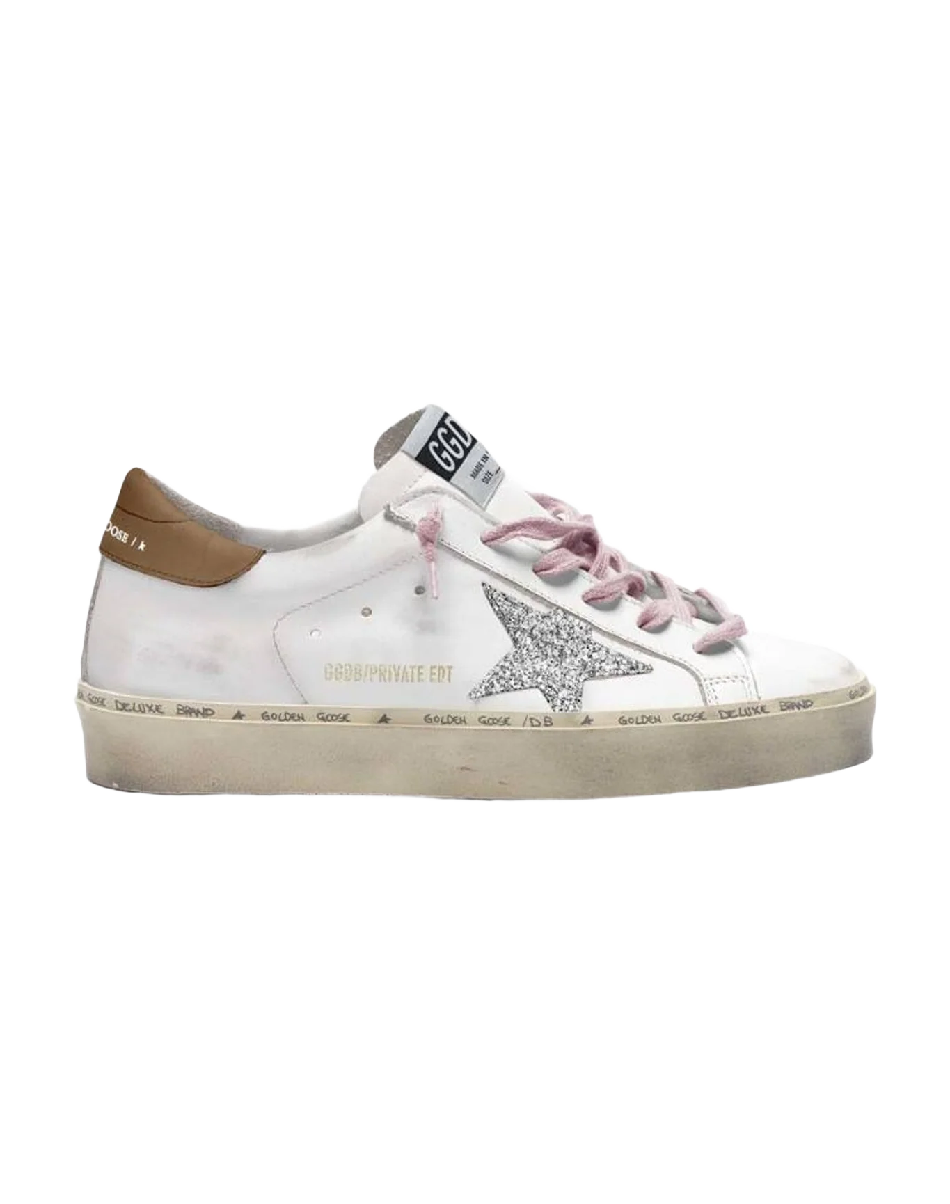 Women | Hi Star Sneakers White Leather with Silver Glitter Star & Brown Heel Tab | White x Silver x Cognac