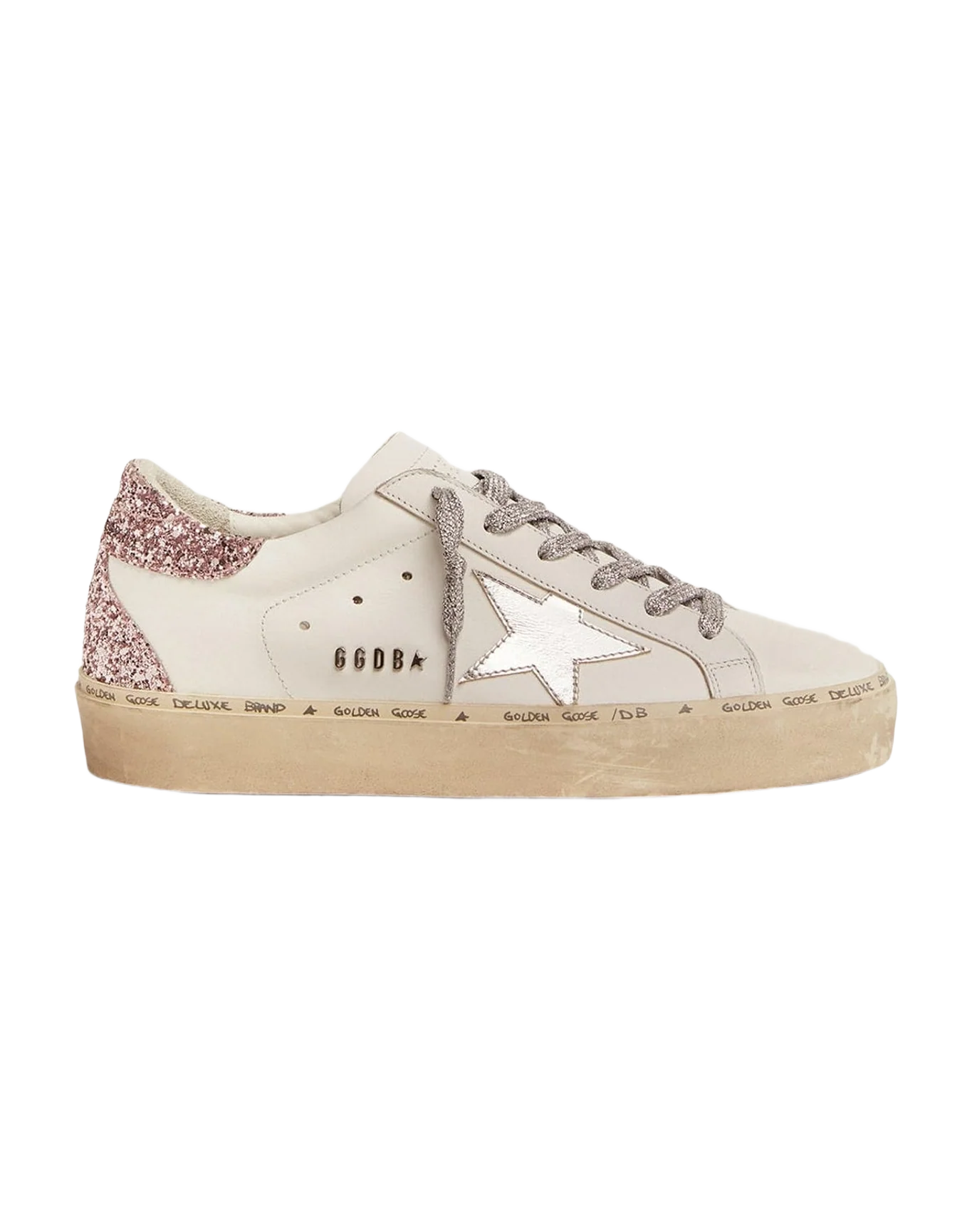Women | Hi Star Sneakers with Laminated Leather Star & Glitter Heel Tab | White x Silver x Rose Quartz