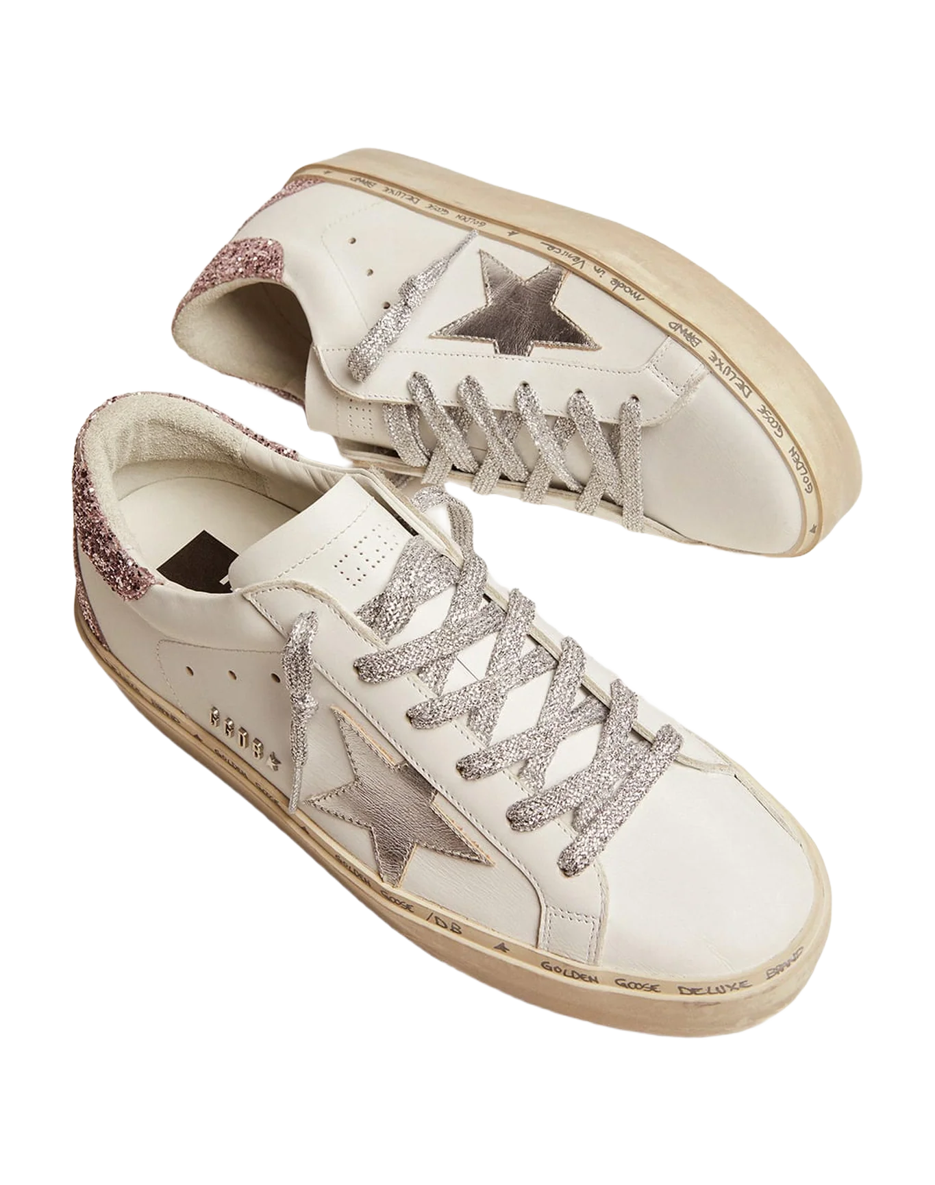 Women | Hi Star Sneakers with Laminated Leather Star & Glitter Heel Tab | White x Silver x Rose Quartz - Image 2