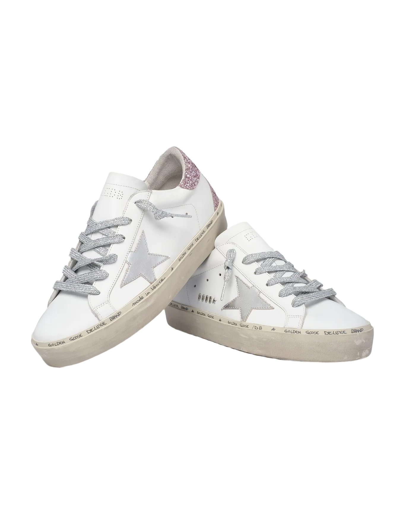 Women | Hi Star Sneakers with Laminated Leather Star & Glitter Heel Tab | White x Silver x Rose Quartz - Image 3