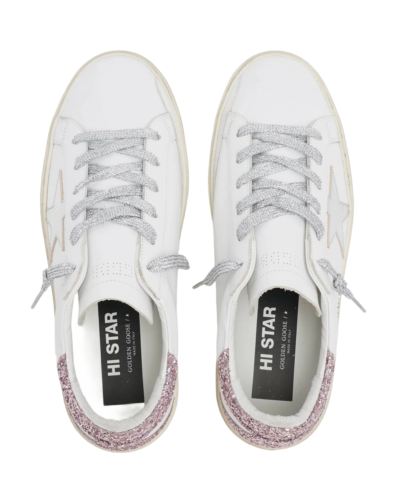 Women | Hi Star Sneakers with Laminated Leather Star & Glitter Heel Tab | White x Silver x Rose Quartz - Image 5