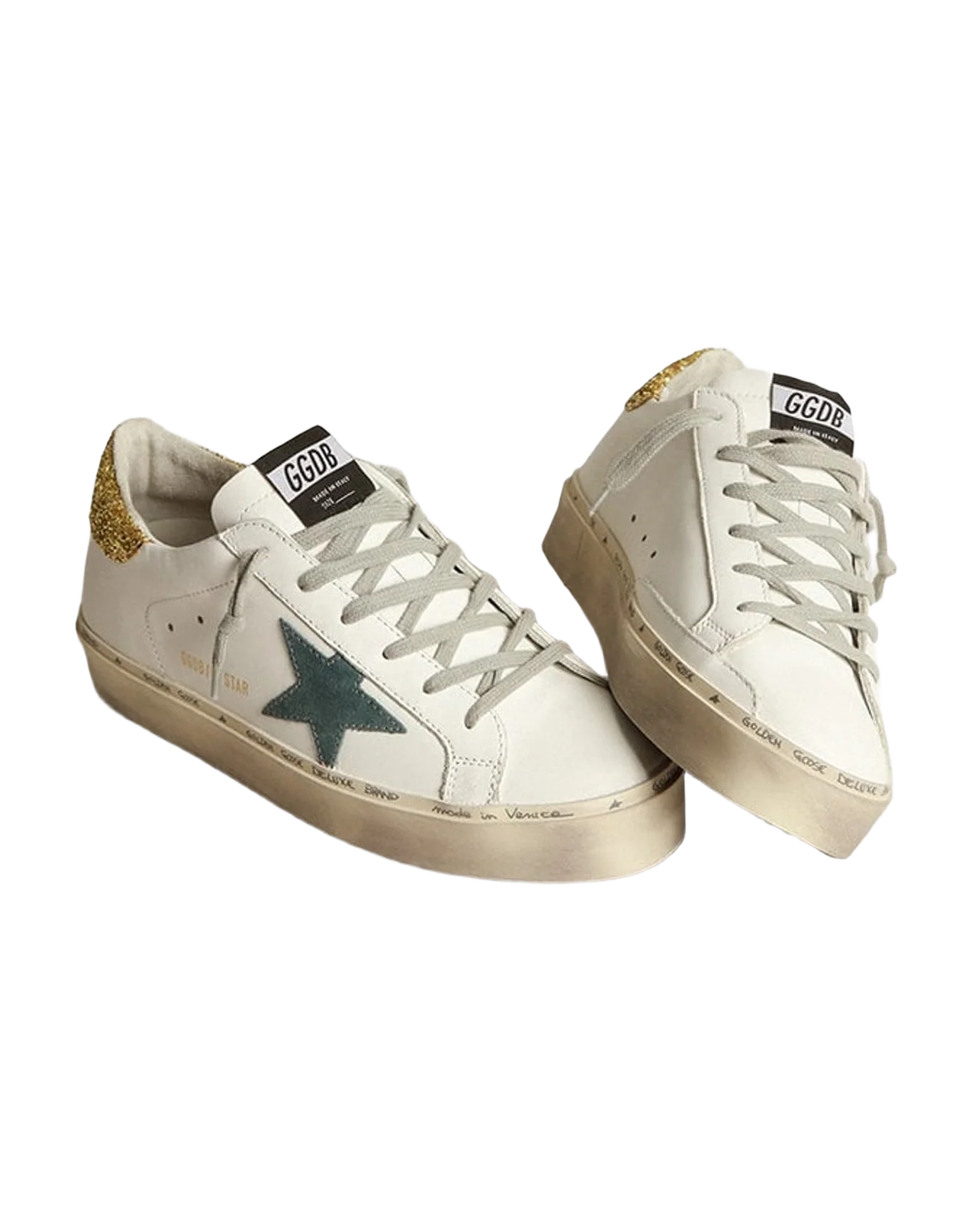 Women | Hi Star Sneakers with Petrol-Blue Suede Star & Gold Glitter Heel Tab | White x Petroleum x Gold