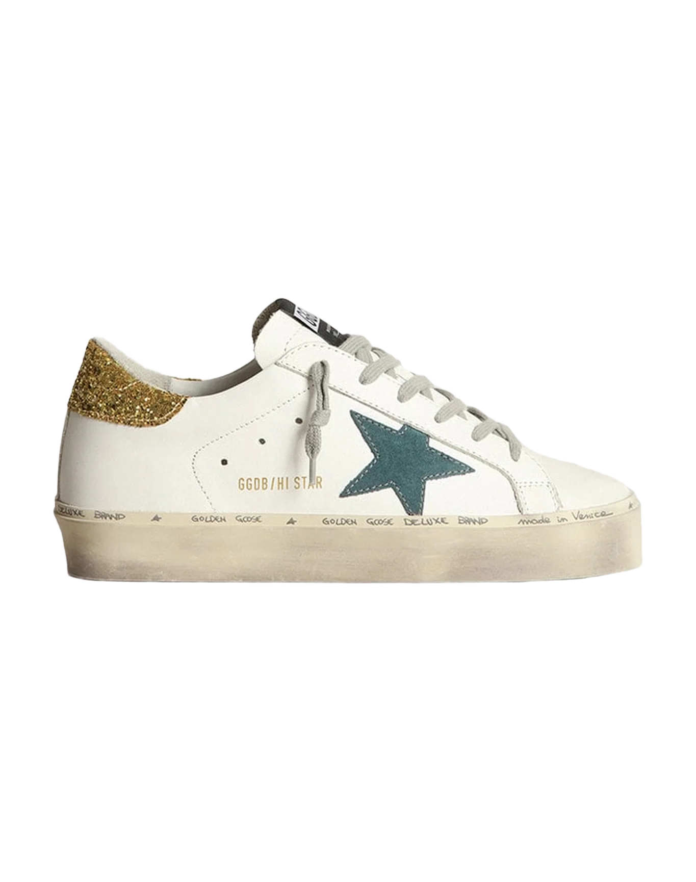 Women | Hi Star Sneakers with Petrol-Blue Suede Star & Gold Glitter Heel Tab | White x Petroleum x Gold - Image 8