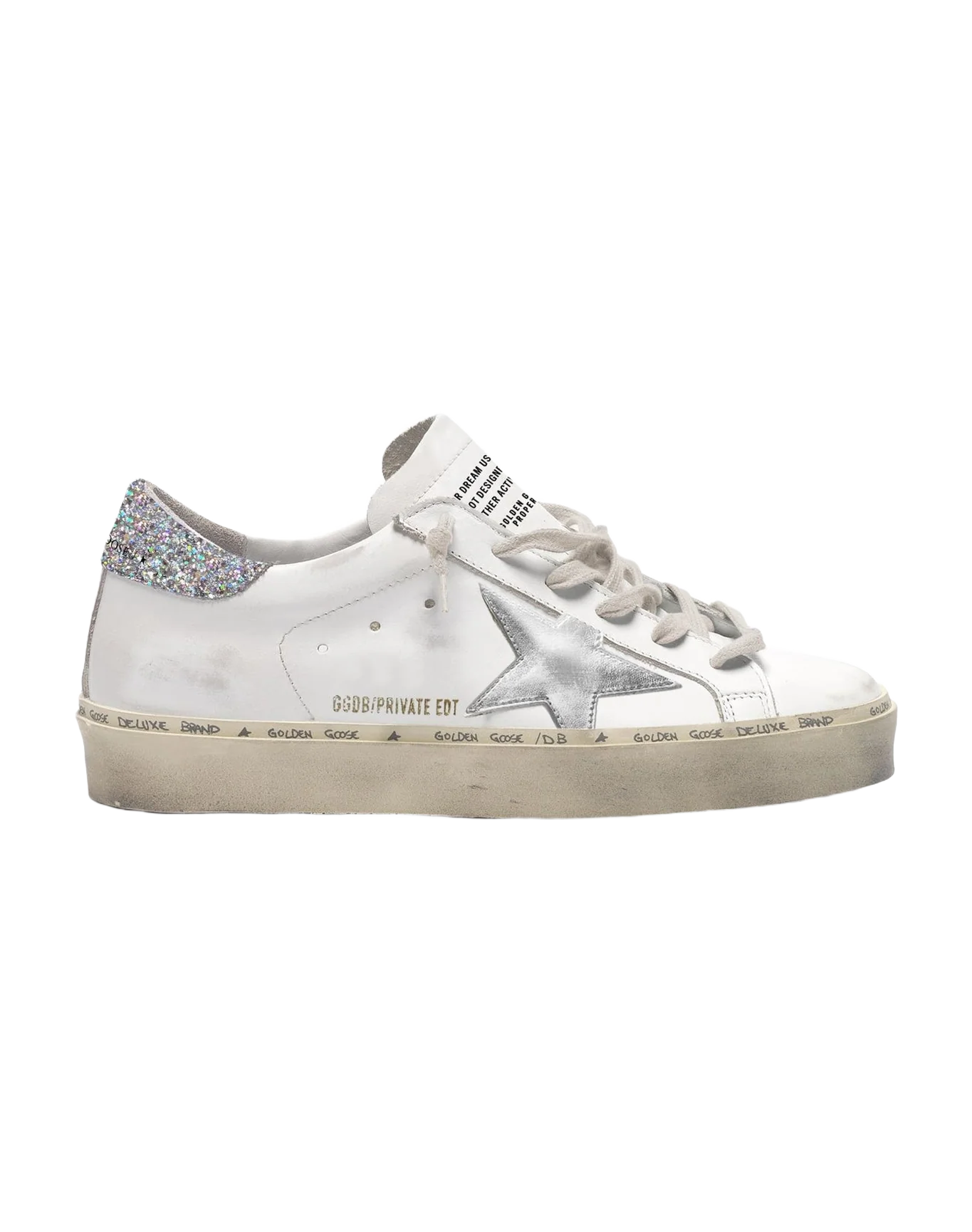 Women | Hi Star White Leather with Star & Glitter Heel Tab | Silver x Optic White