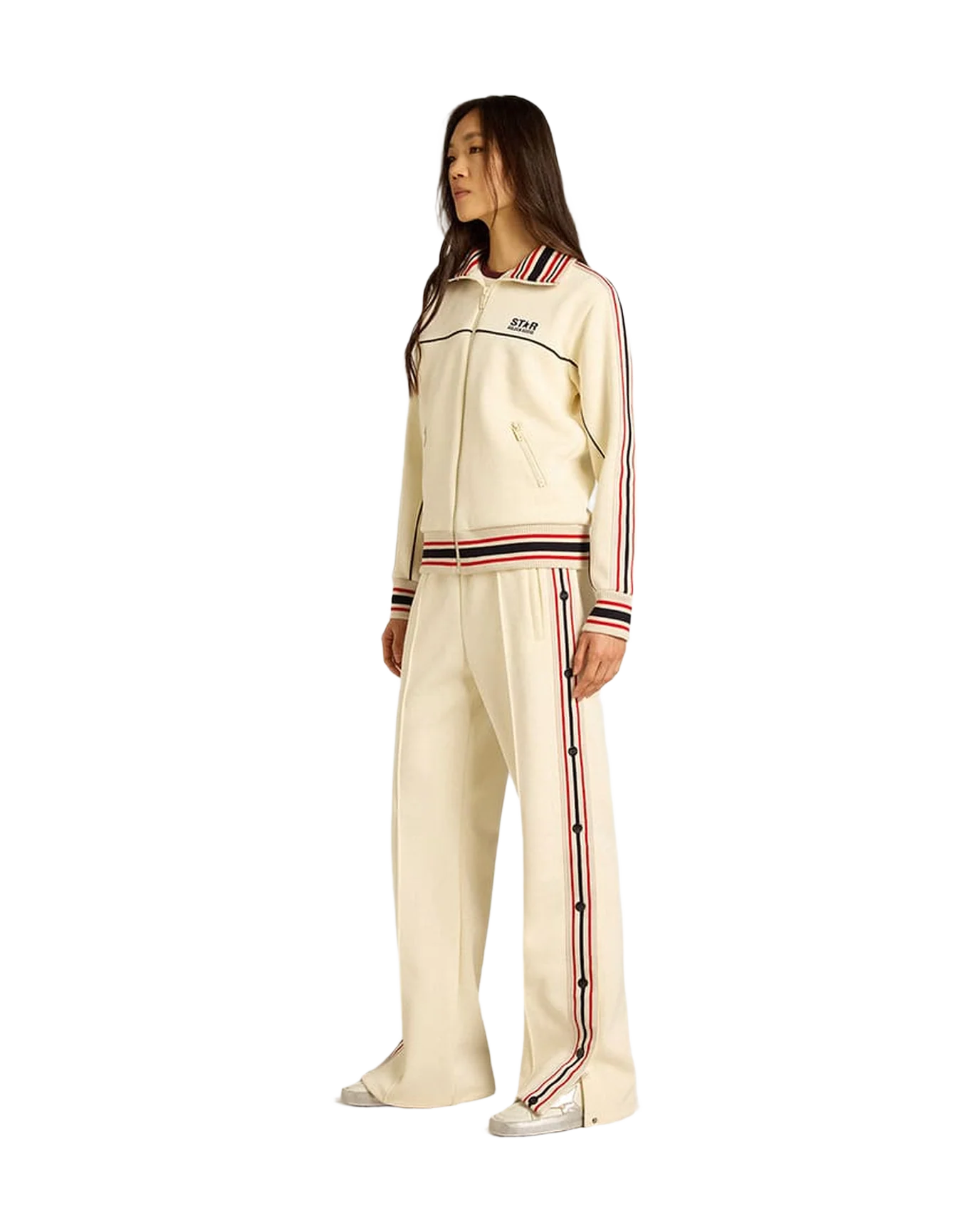 Women | Joggers Aged White with Side Stripes | Papyrus x Dark Blue - Image 4