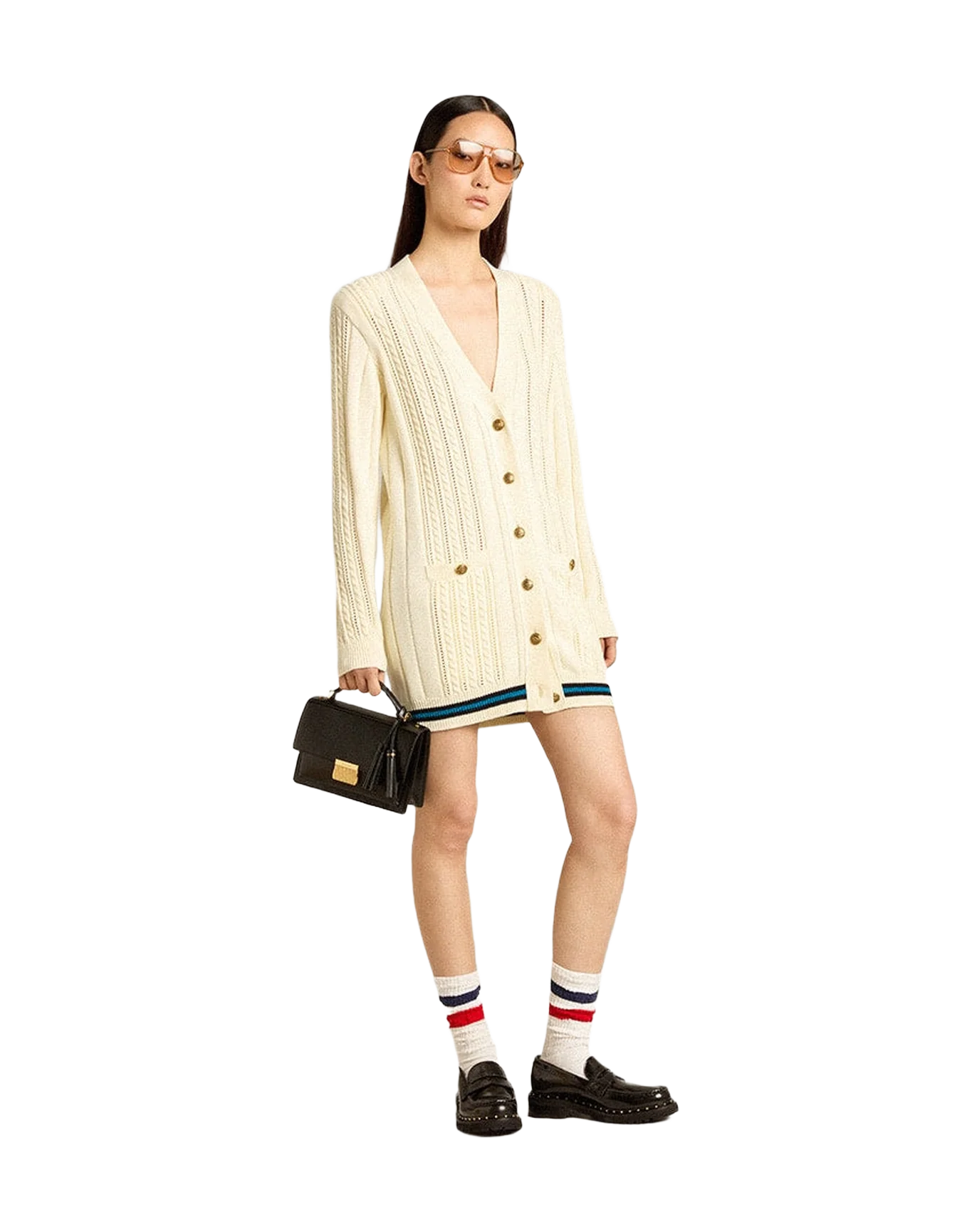 Women | Long Cotton Cardigan Aged White | Heritage White x Blue - Image 4