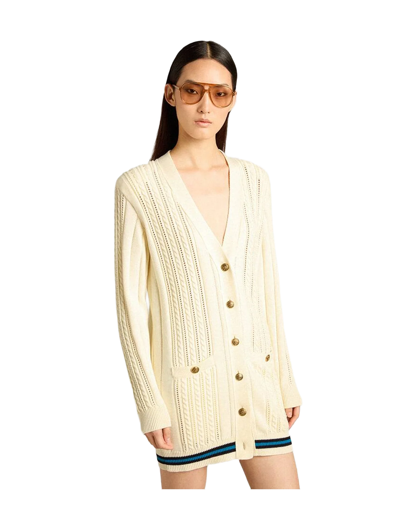 Women | Long Cotton Cardigan Aged White | Heritage White x Blue - Image 6