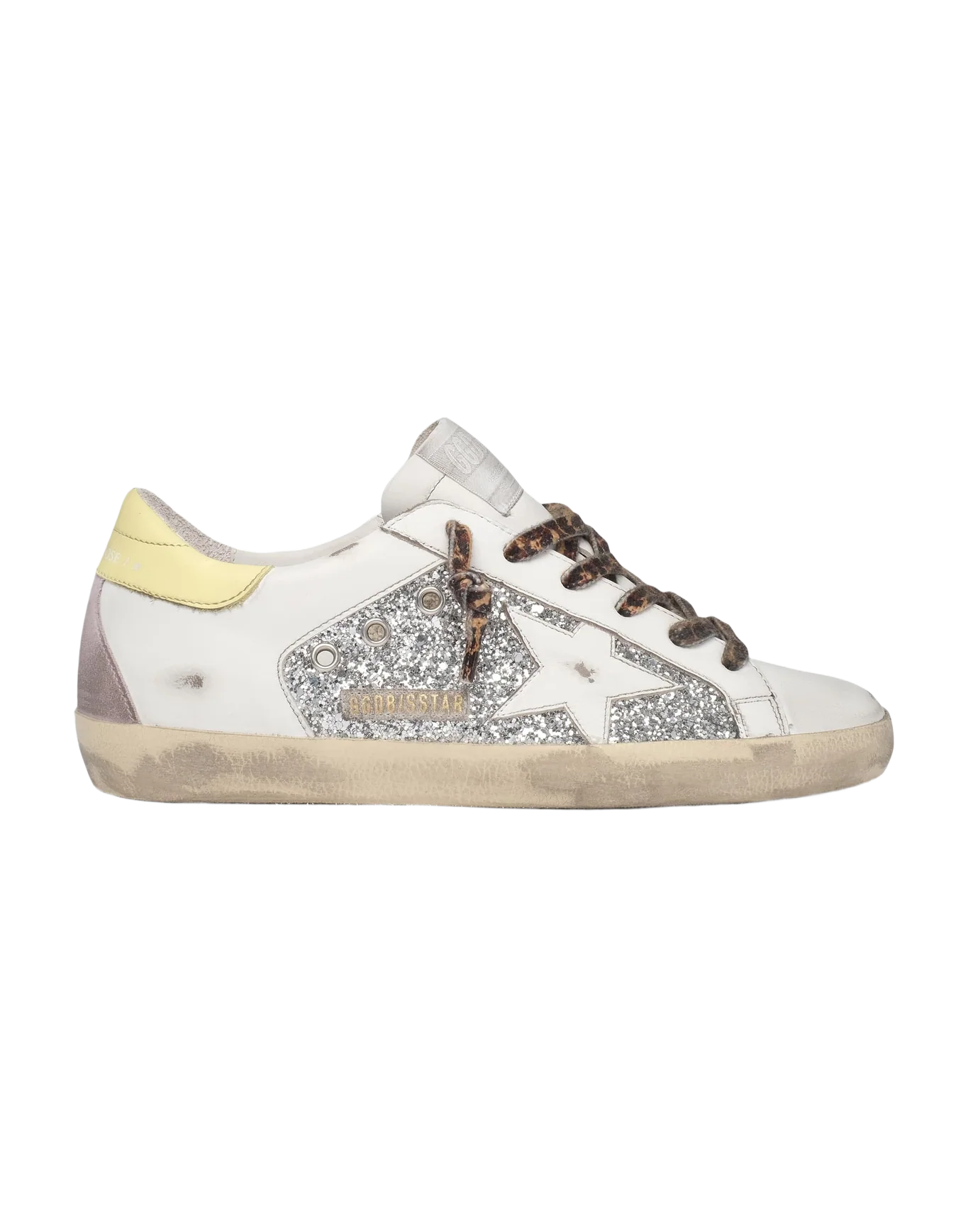 Women | Ltd Super-Star Sneakers Leather & Glitter with Colorful Heel Tab | White x Silver x Yellow x Lavender - Image 8