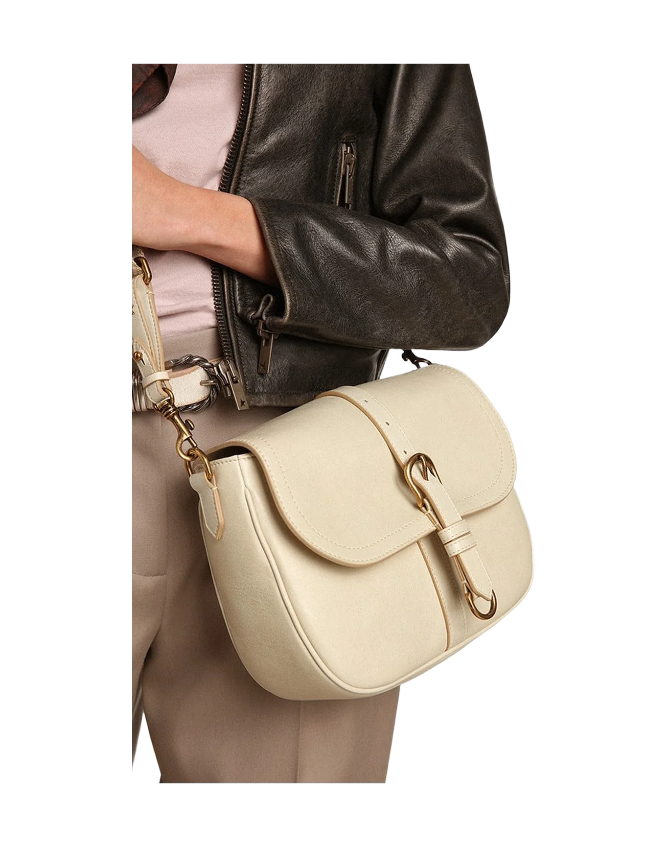 Women | Medium Sally Bag Porcelain Leather with Buckle & Contrasting Shoulder Strap | Porcelain - Image 3