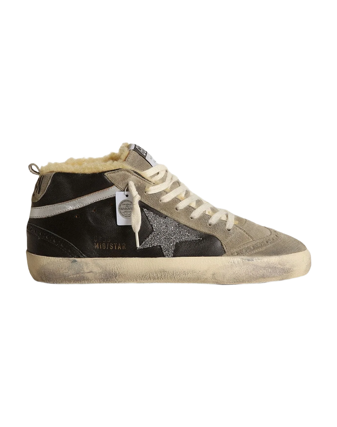 Women | Mid Star Black Nappa Leather with Swarovski Crystal Star & Beige Shearling Lining | Black x Ice x Silver - Image 6