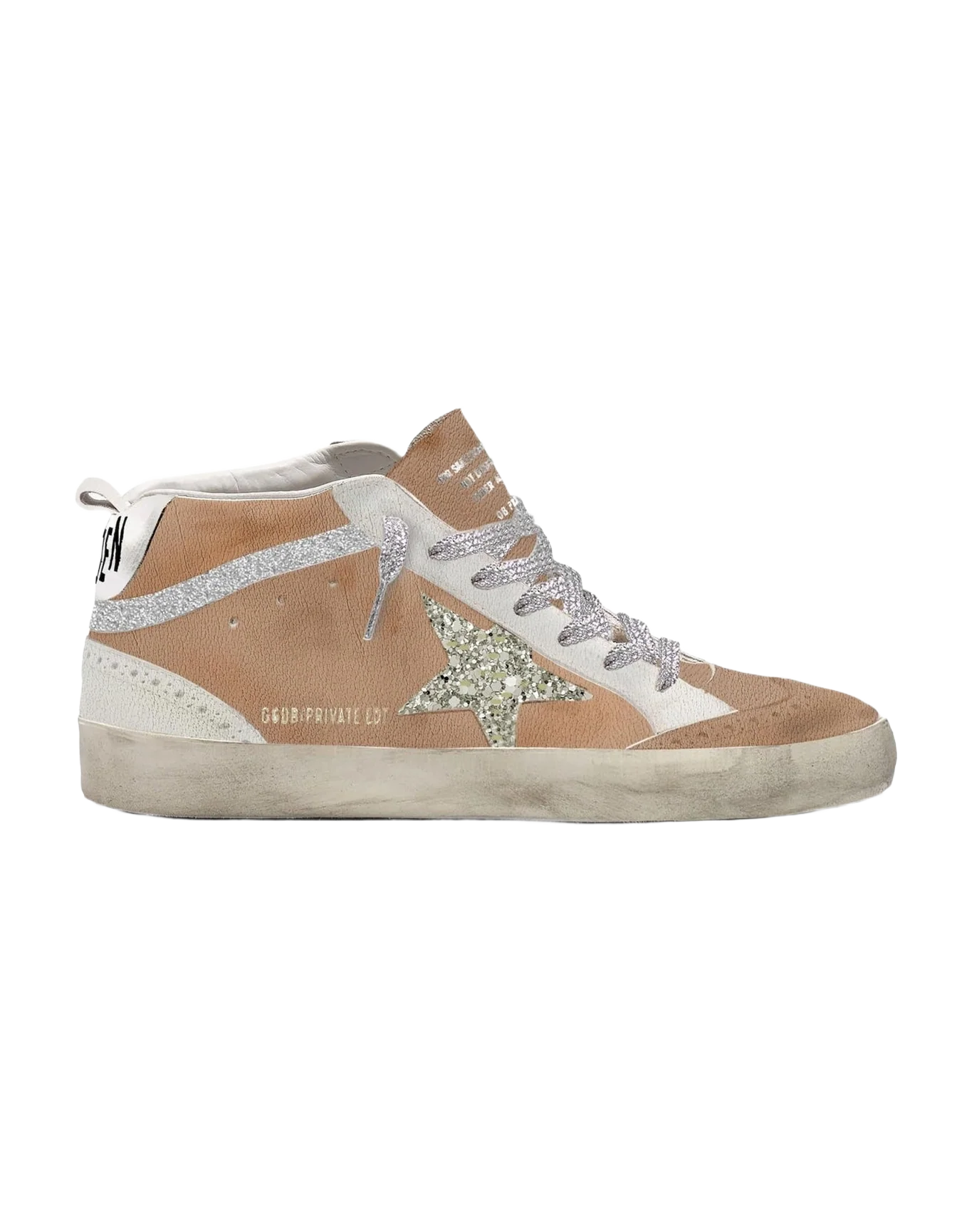 Women | Mid Star Brown Leather with Glitter Star | Beige x Platinum x White x Silver