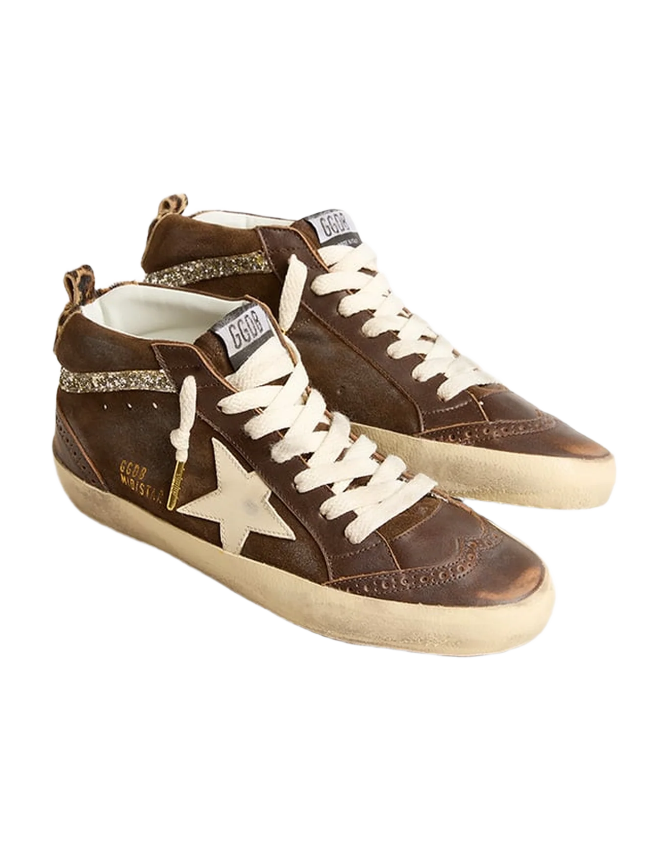 Women | Mid-Star Brown Leather with Leopard Print Pony Skin Heel Tab | Brown x White x Silver - Image 3