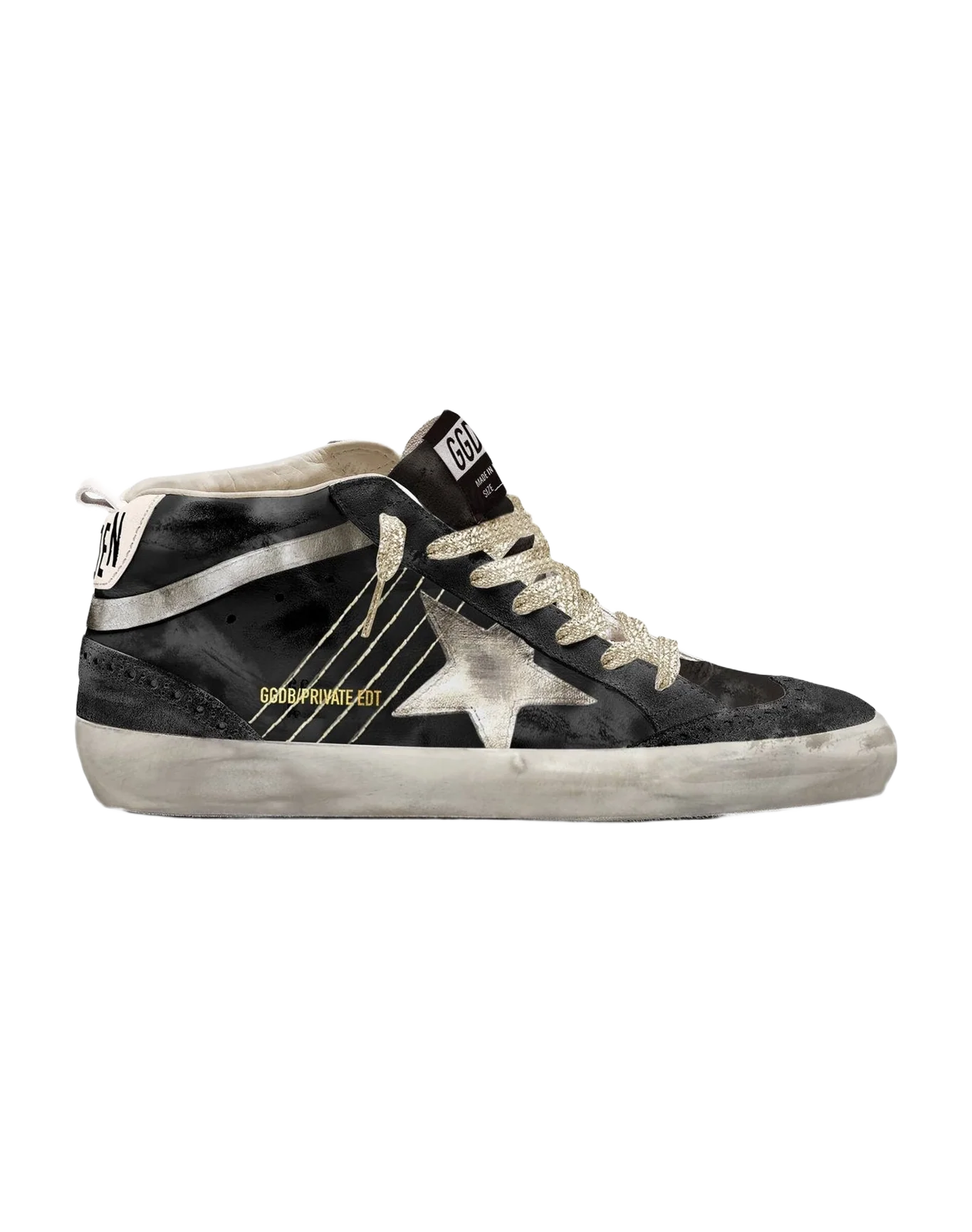 Women | Mid Star Sneakers Black Leather with Gold Laminated Star & Flash | Black x Platinum x Ivory