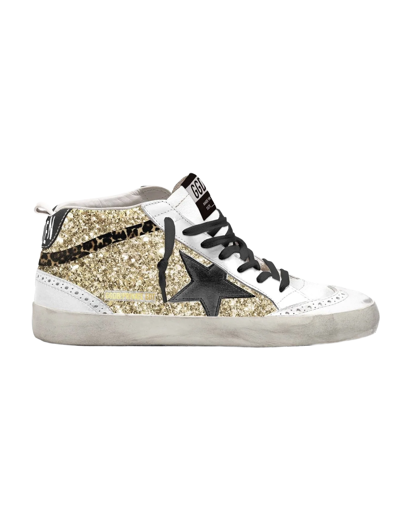Women | Mid Star Sneakers Glitter & Leather Upper with Black Star & Leo Print Flash | Gold x White x Black x Beige Brown Leopard