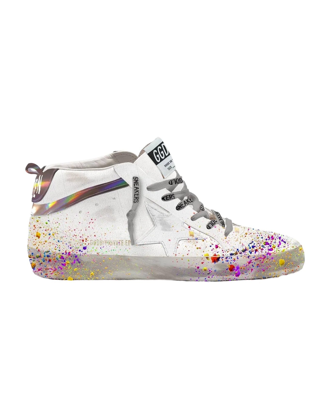 Women | Mid Star Sneakers White Leather with Colorful Paintdrops | White x Iridiscent