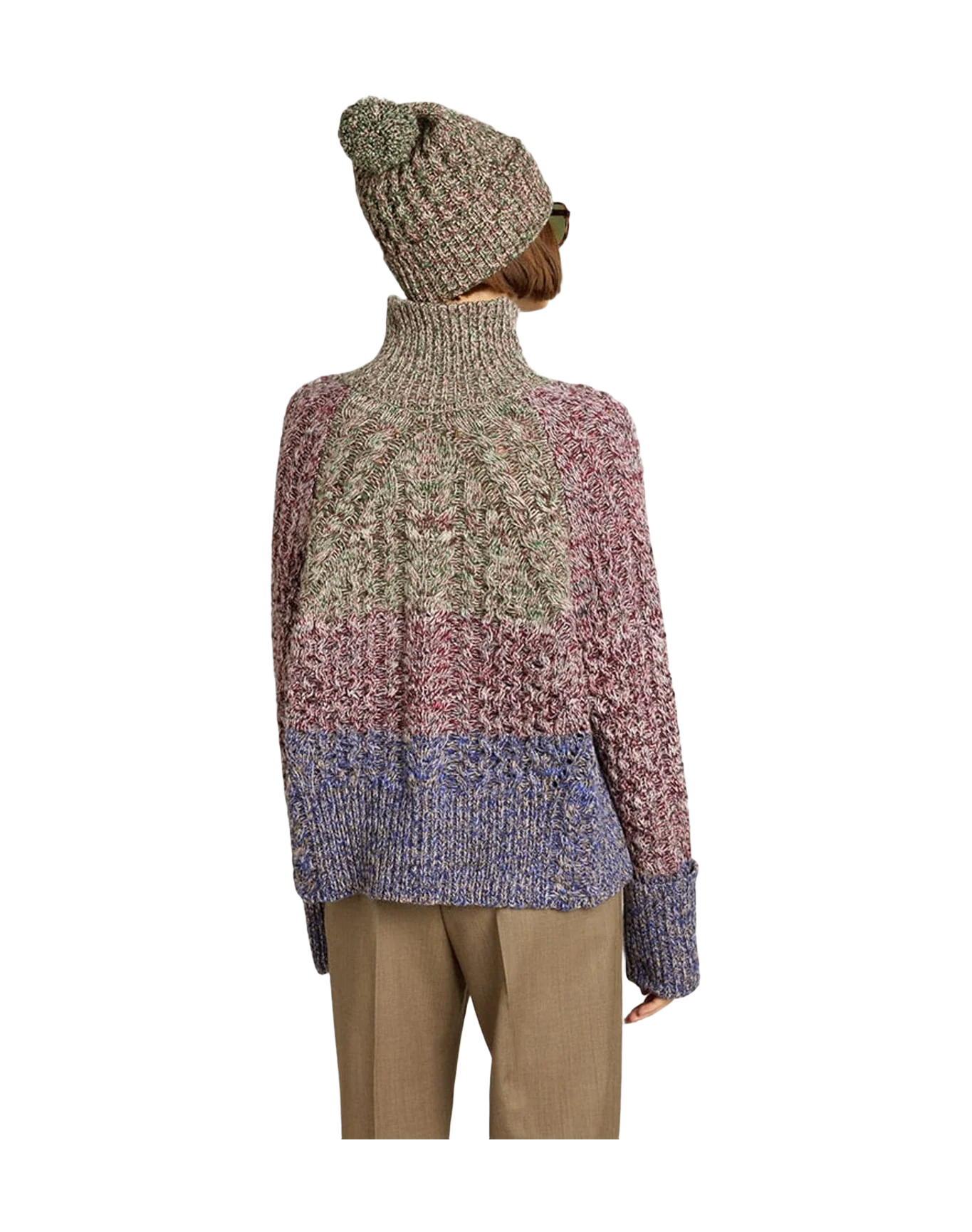 Women | Multicolored High Neck Sweater with Mouliné Yarn | Multicolor x Green x Blue