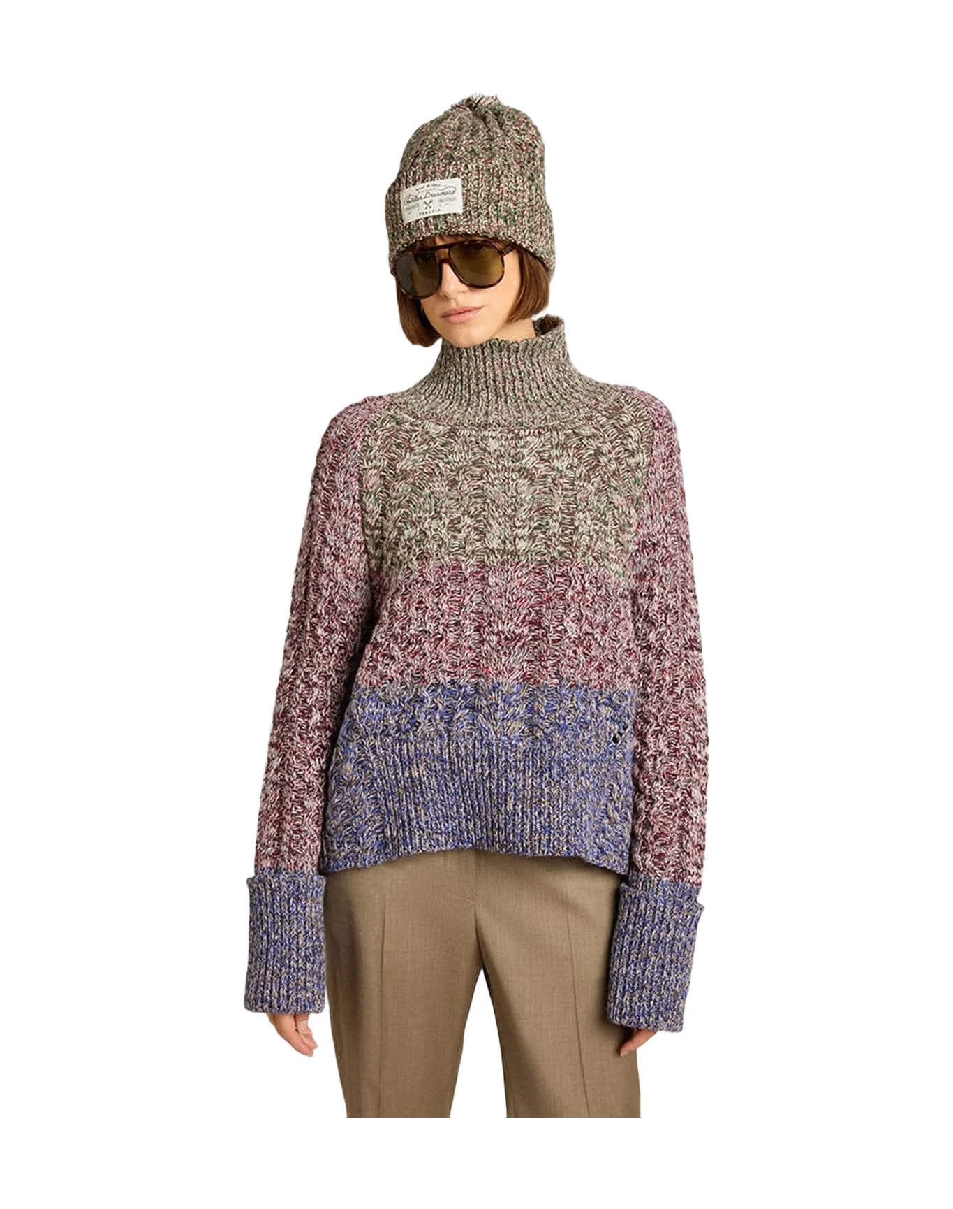 Women | Multicolored High Neck Sweater with Mouliné Yarn | Multicolor x Green x Blue - Image 14