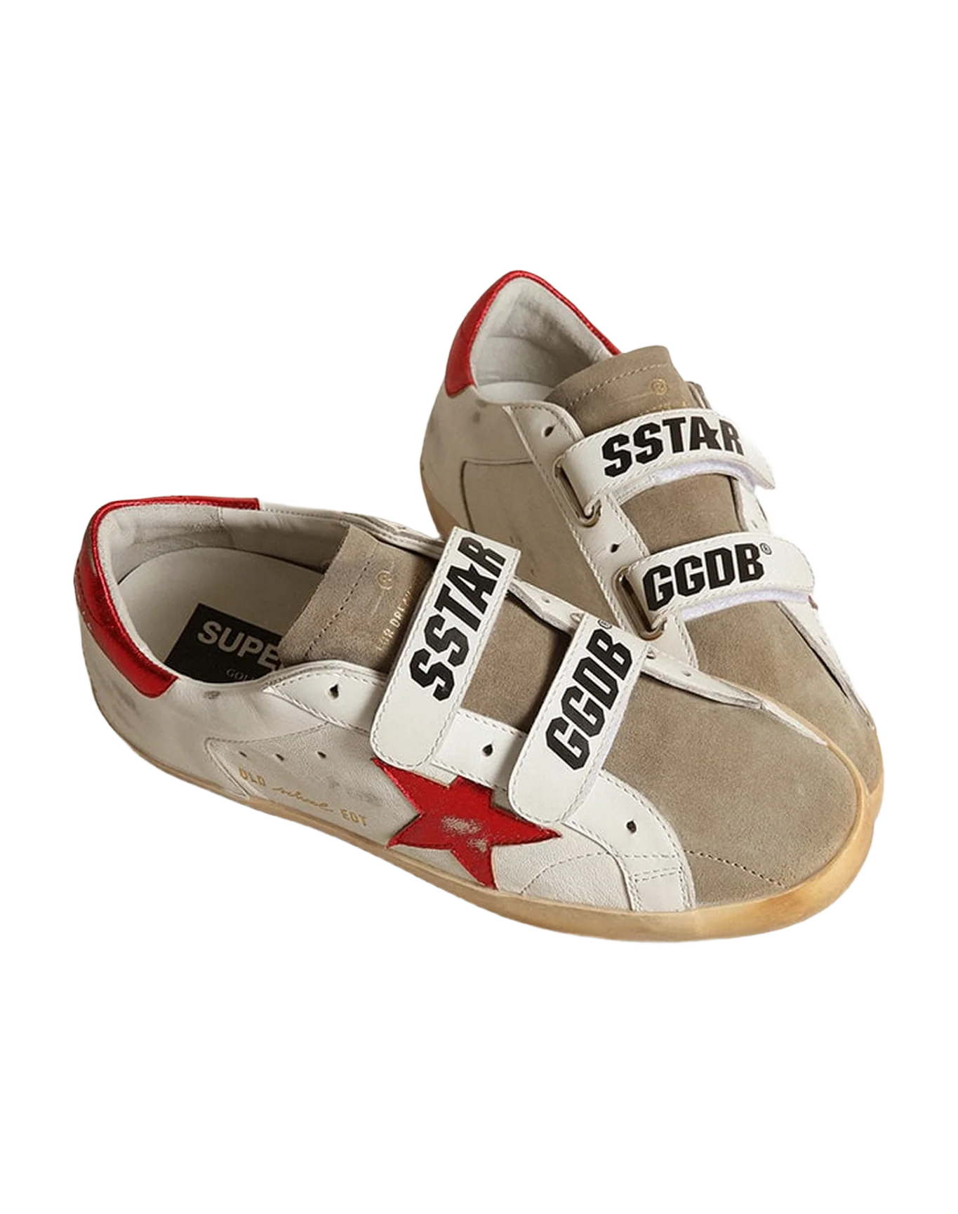 Women | Old School White Leather & Taupe Suede with Red Star | White x Taupe x Red - Image 4