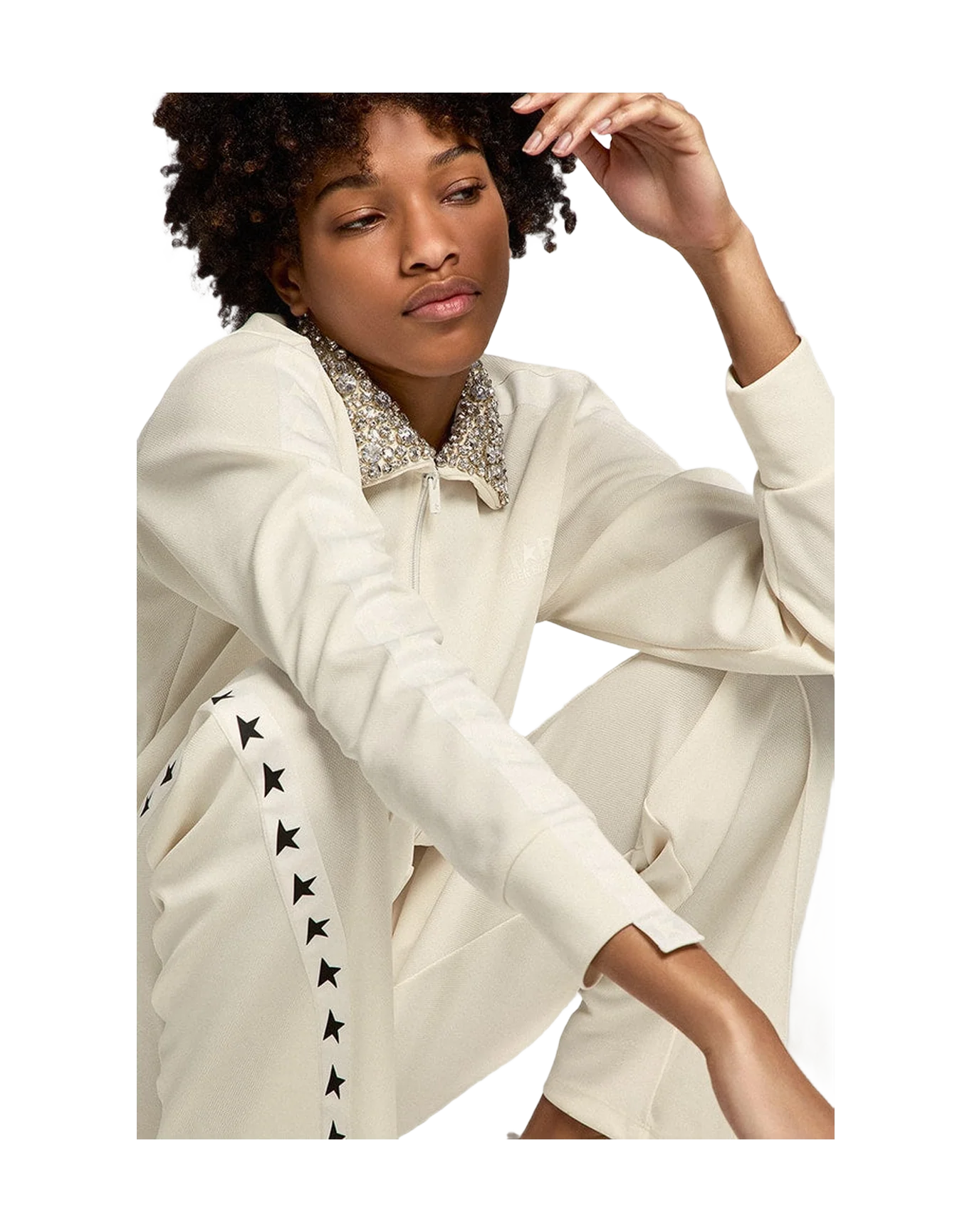 Women | Papyrus-White Zipped Sweatshirt with Crystal Collar | Papyrus x Cristal - Image 2