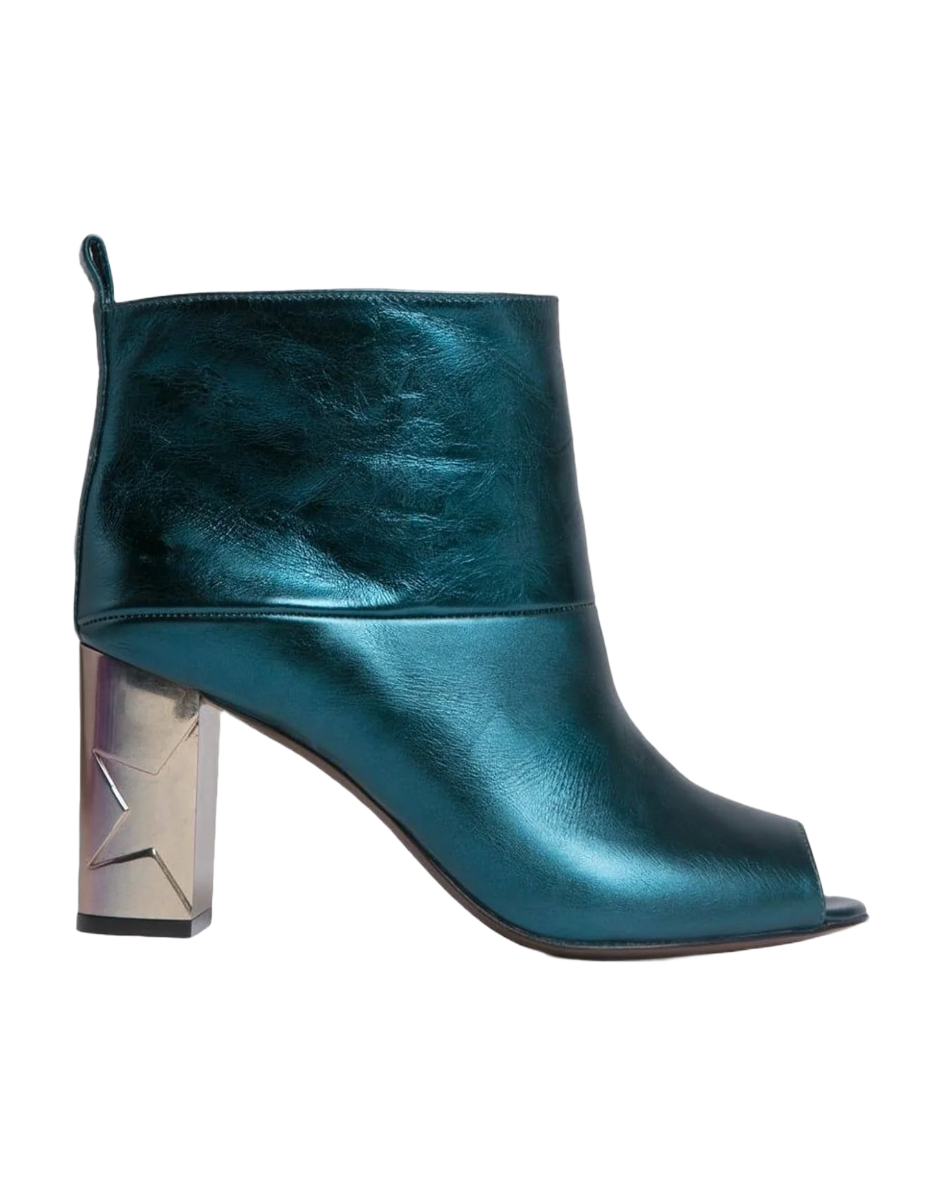 Women | Petrol Laminated Pointless Ankle Boots with Metal Heel