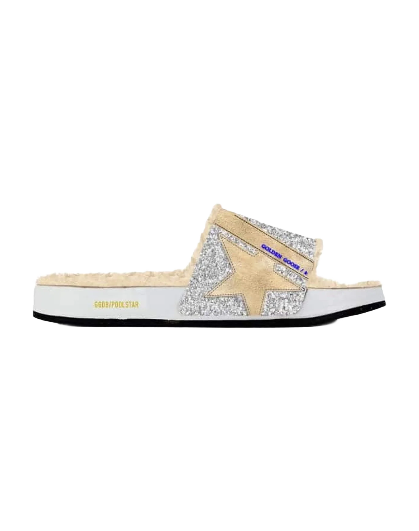 Women | Poolstar Glitter Upper Suede Star Shearling Lining | Silver x Cappuccino x Beige