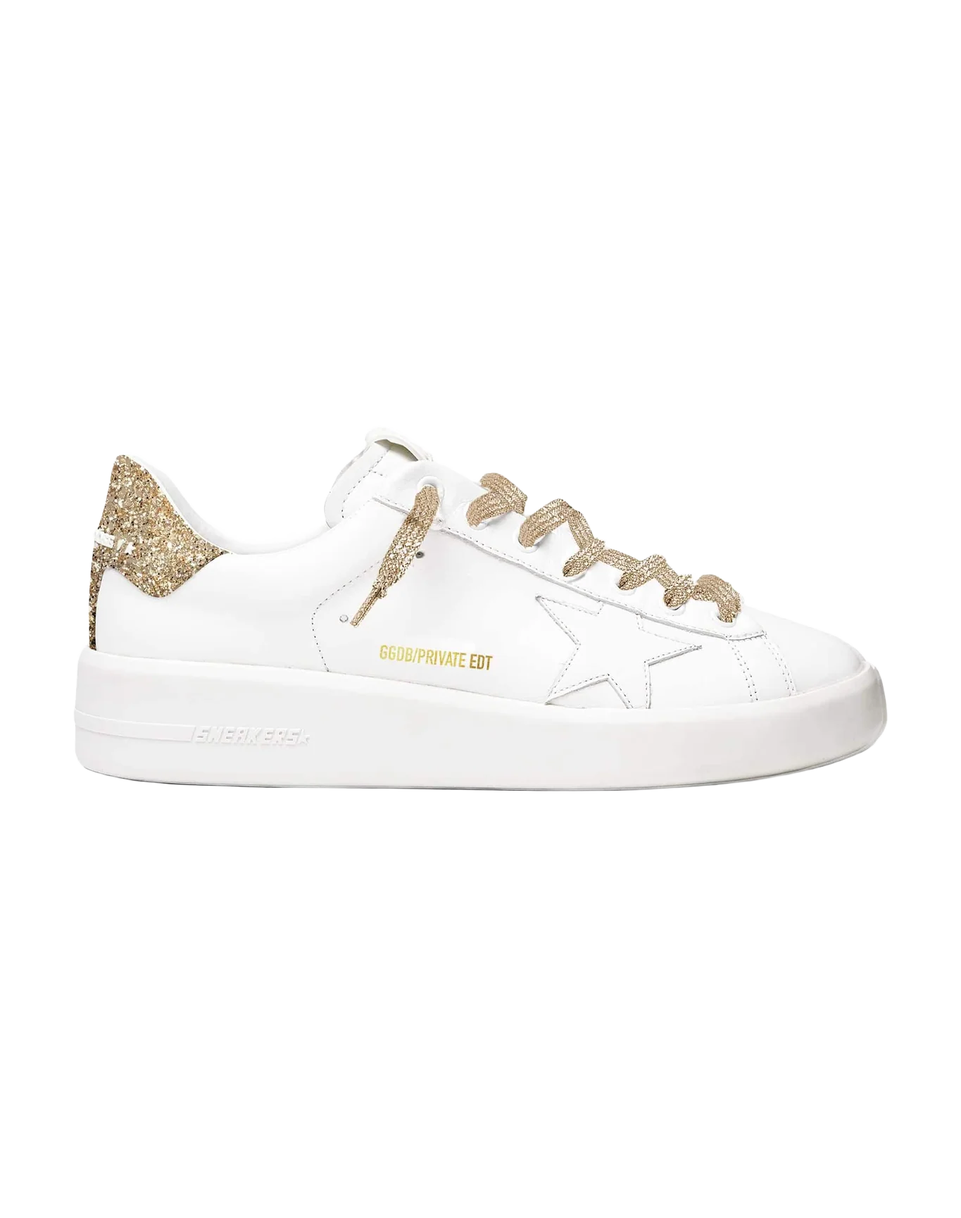 Women | Purestar White Leather with Gold Glitter Heel Tab | White x Gold - Image 2