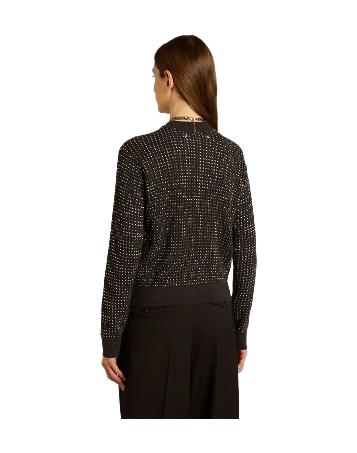 Women | Round-Neck Sweater Merino Wool with All-Over Crystals | Dark Melange Grey
