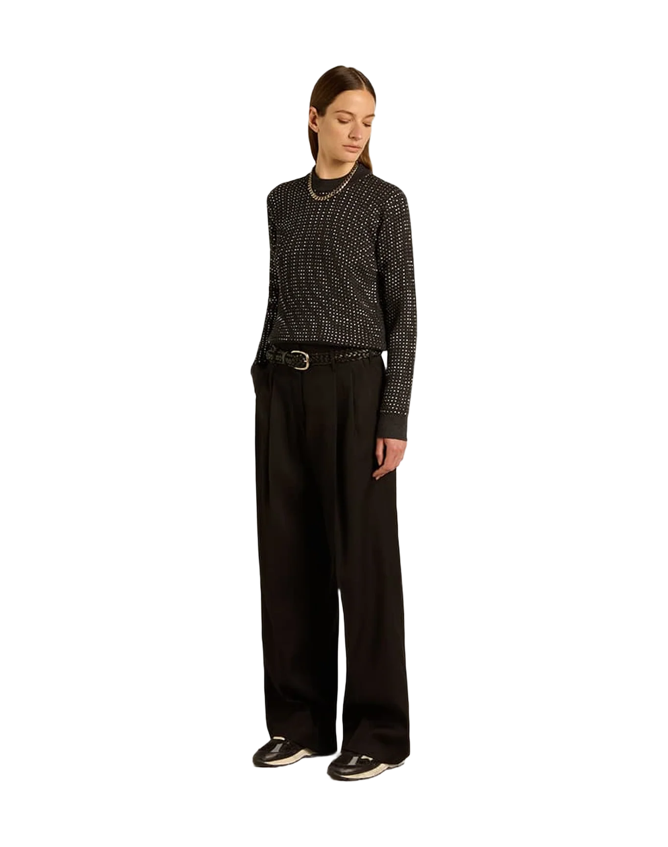 Women | Round-Neck Sweater Merino Wool with All-Over Crystals | Dark Melange Grey - Image 10
