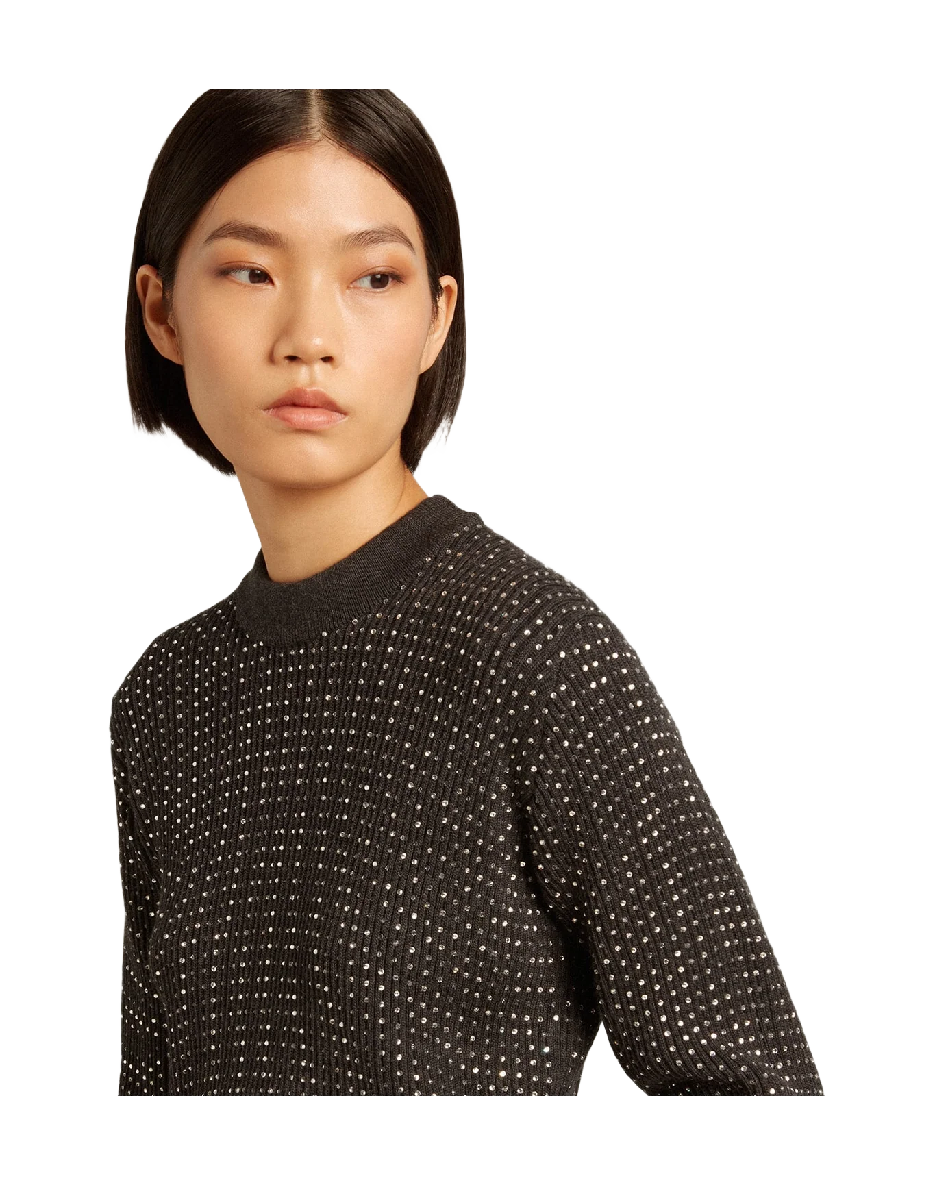 Women | Round-Neck Sweater Merino Wool with All-Over Crystals | Dark Melange Grey - Image 11