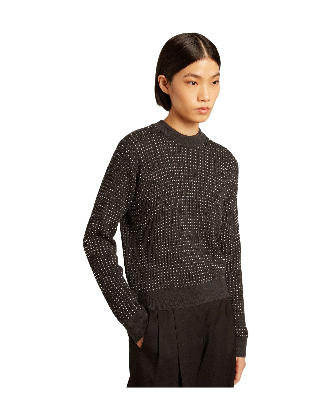 Women | Round-Neck Sweater Merino Wool with All-Over Crystals | Dark Melange Grey - Image 6