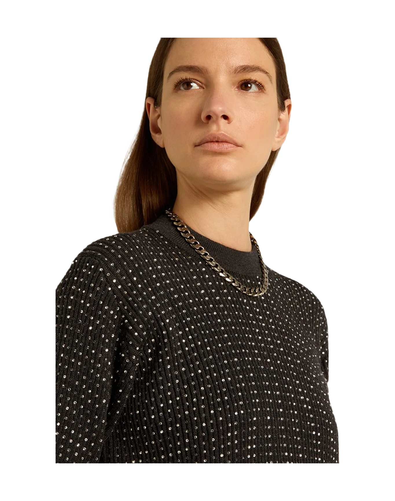 Women | Round-Neck Sweater Merino Wool with All-Over Crystals | Dark Melange Grey - Image 9
