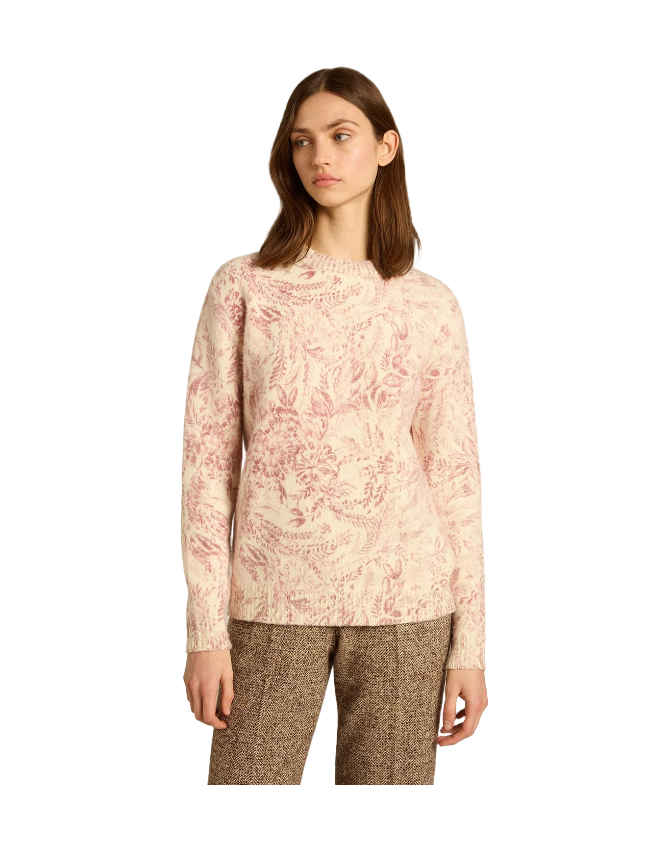 Women | Round-Neck Sweater Wool with All-Over Toile De Jouy Pattern | Heritage White x Haute Red - Image 10