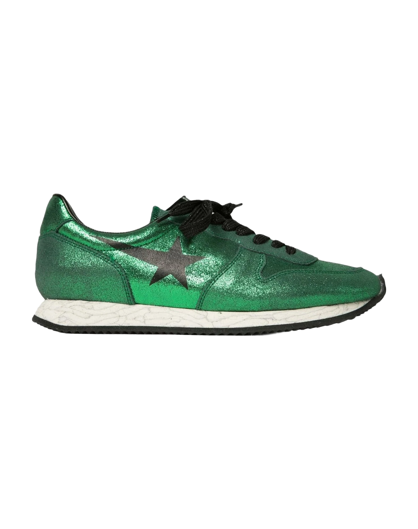 Women | Running Sneakers Green Laminated Leather with Black Star