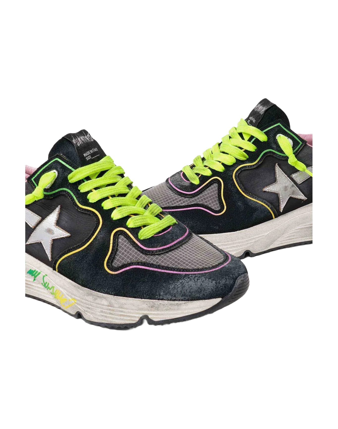 Women | Running Sole Black Sneakers with Silver Star & Rainbow Details | Black x Silver x Blue x Rainbow - Image 2